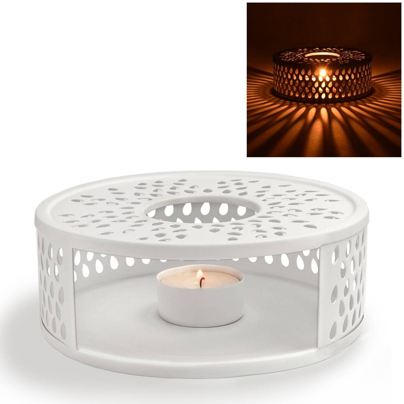 Creano Stövchen Stövchen “Leaf” Weiß, (2-tlg), Teewärmer aus Edelstahl, stabil, sämtliche Teekannen geeignet