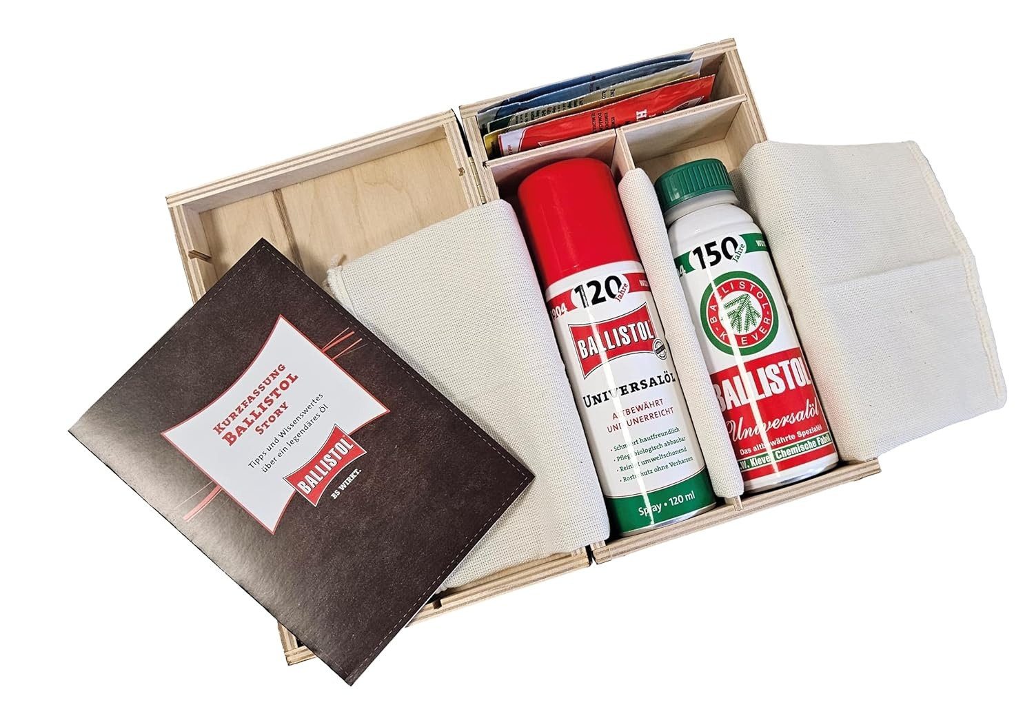 Ballistol Universalöl BALLISTOL Jubiläumsholzbox Universalöl 150 ml + 120 ml Spray, (Geschenkebox, mit 150 ml Universalöl, 120 ml Spray, Pflegetuch), Limitierte Holzbox mit Universalöl, Spray und Zubehör