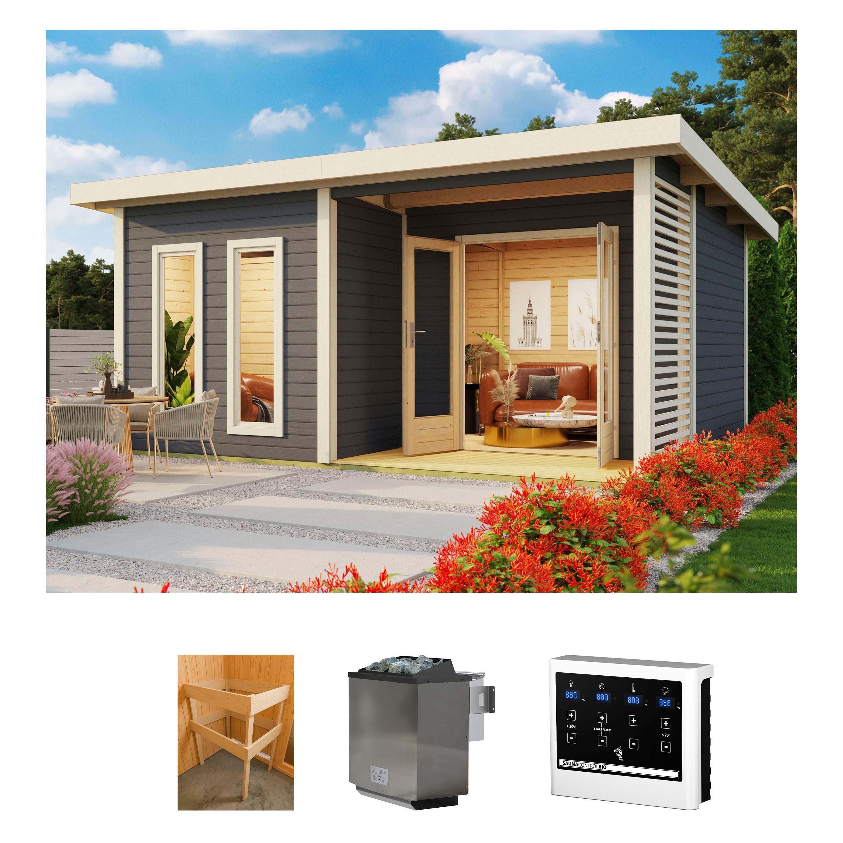 KONIFERA Саунаhaus Maiko 5 SET B, BxTxH: 490 x 368 x 231 cm, 38 mm, terragrau, mit Ofen 9 kW Bio ext. Steuerung