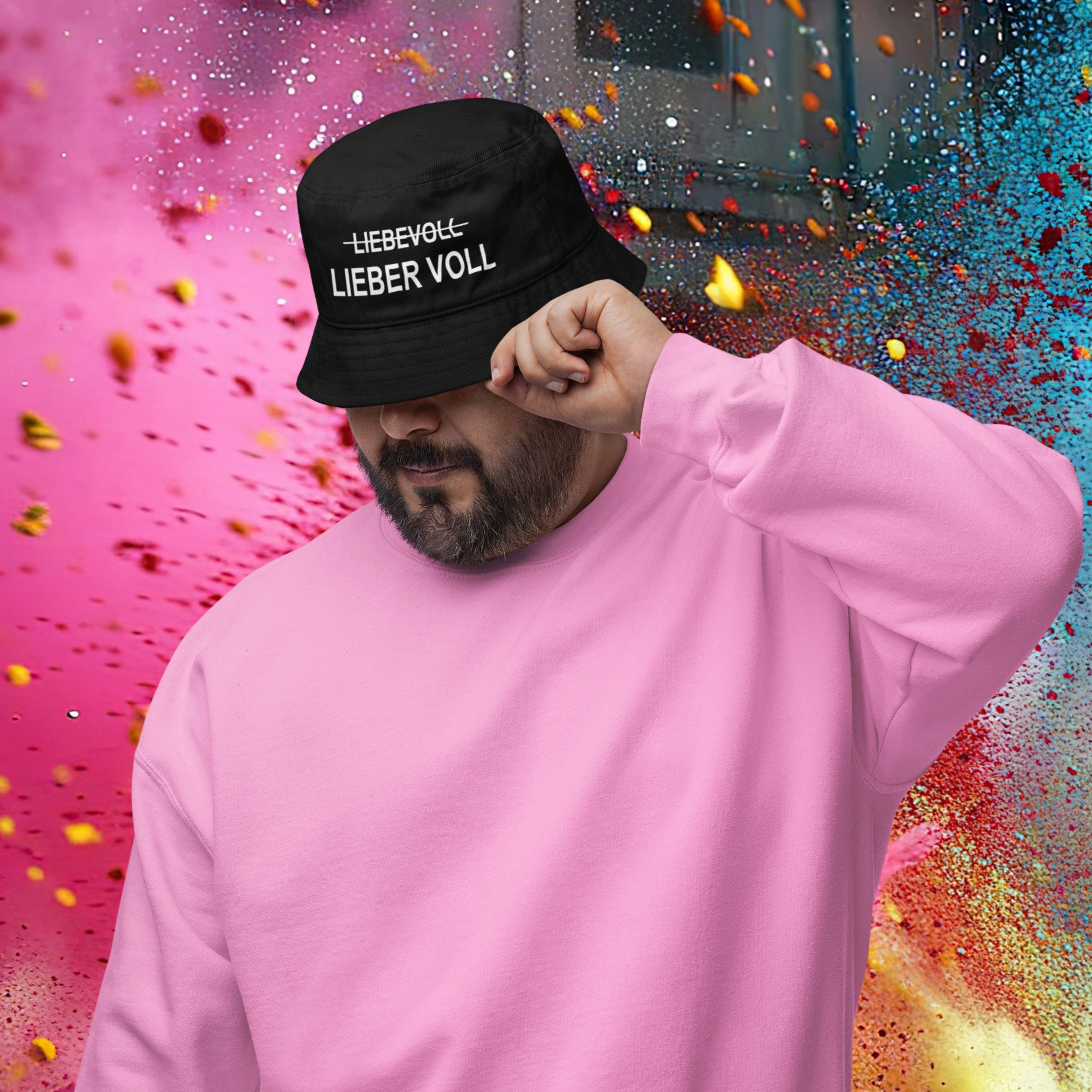 Herzbotschaft Sonnenhut Bucket Hat mit Spruch – LIEBEVOLL Lieber VOLL – Fischerhut, Sonnenhut Druck: LIEBEVOLL durchgestrichen darunter LIEBER VOLL