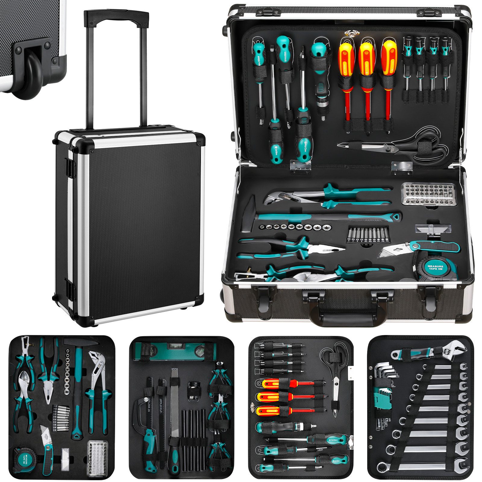 TLGREEN Werkzeugtrolley 128-tlg Werkzeugkoffer,Trolley-Funktion Werkzeugkasten, für DIYer Handwerks-Meister Haushalt Werkstatt
