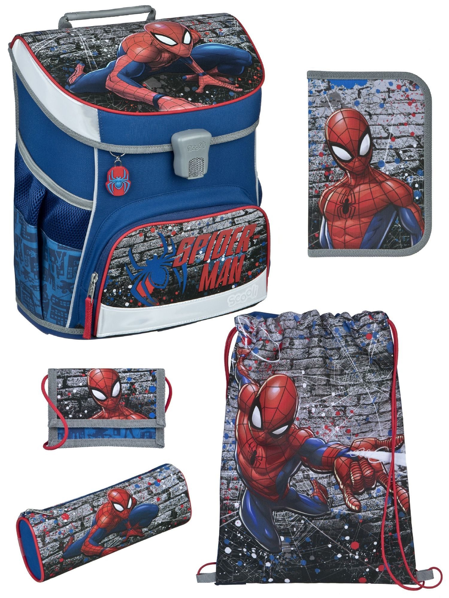 Scooli Schulranzen Campus Fit Spiderman, blau, Set Schultasche 1. Klasse (Grund-Set, 5-tlg., mit gefüllter Federmappe, Turn- & Brustbeutel), leicht, kompakt, robust