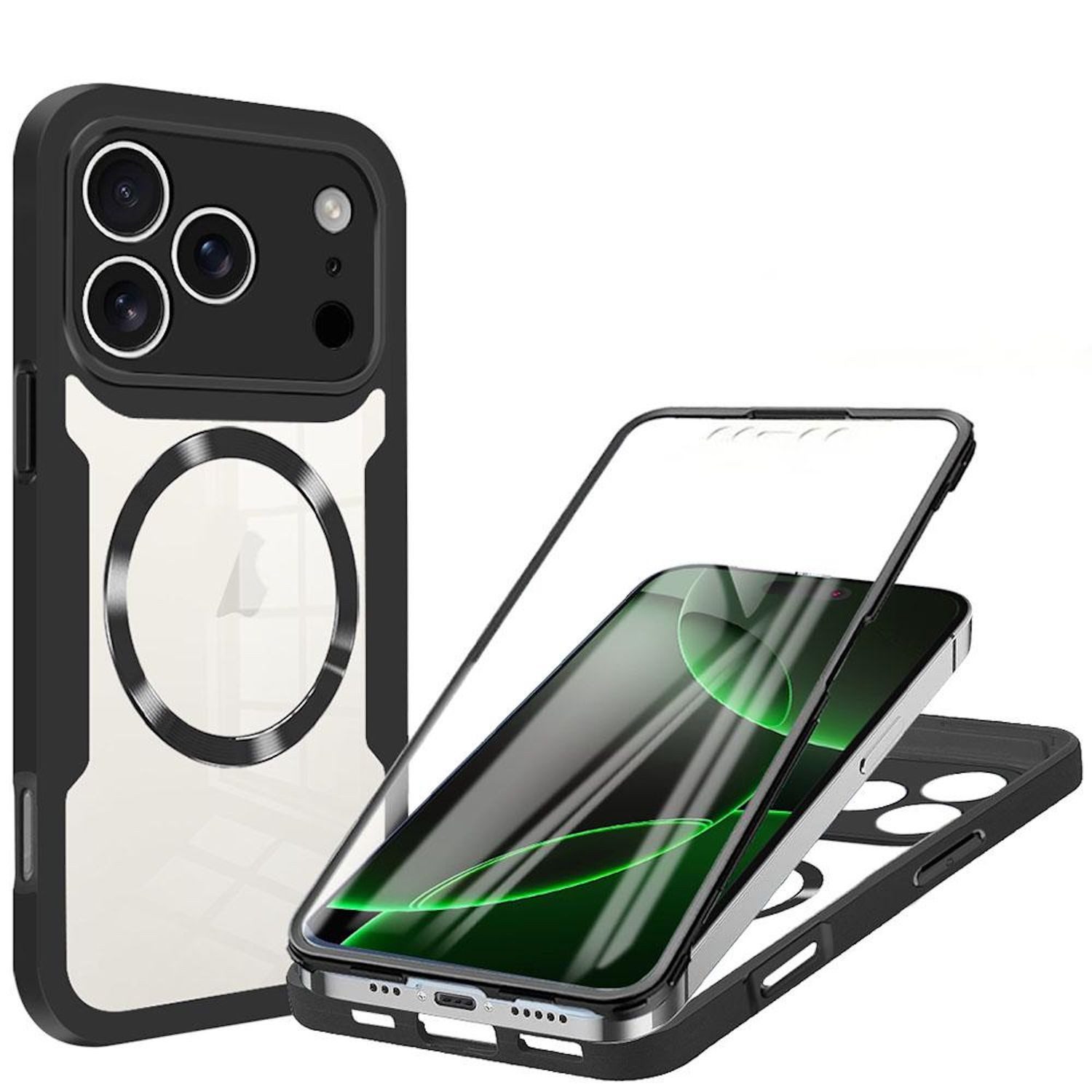 Wigento Handyhülle Für Apple iPhone 17 Pro Max MagSafe Ring Full Body TPU Hülle Schwarz, MagSafe 360 Grad Schutz Schutz Hülle