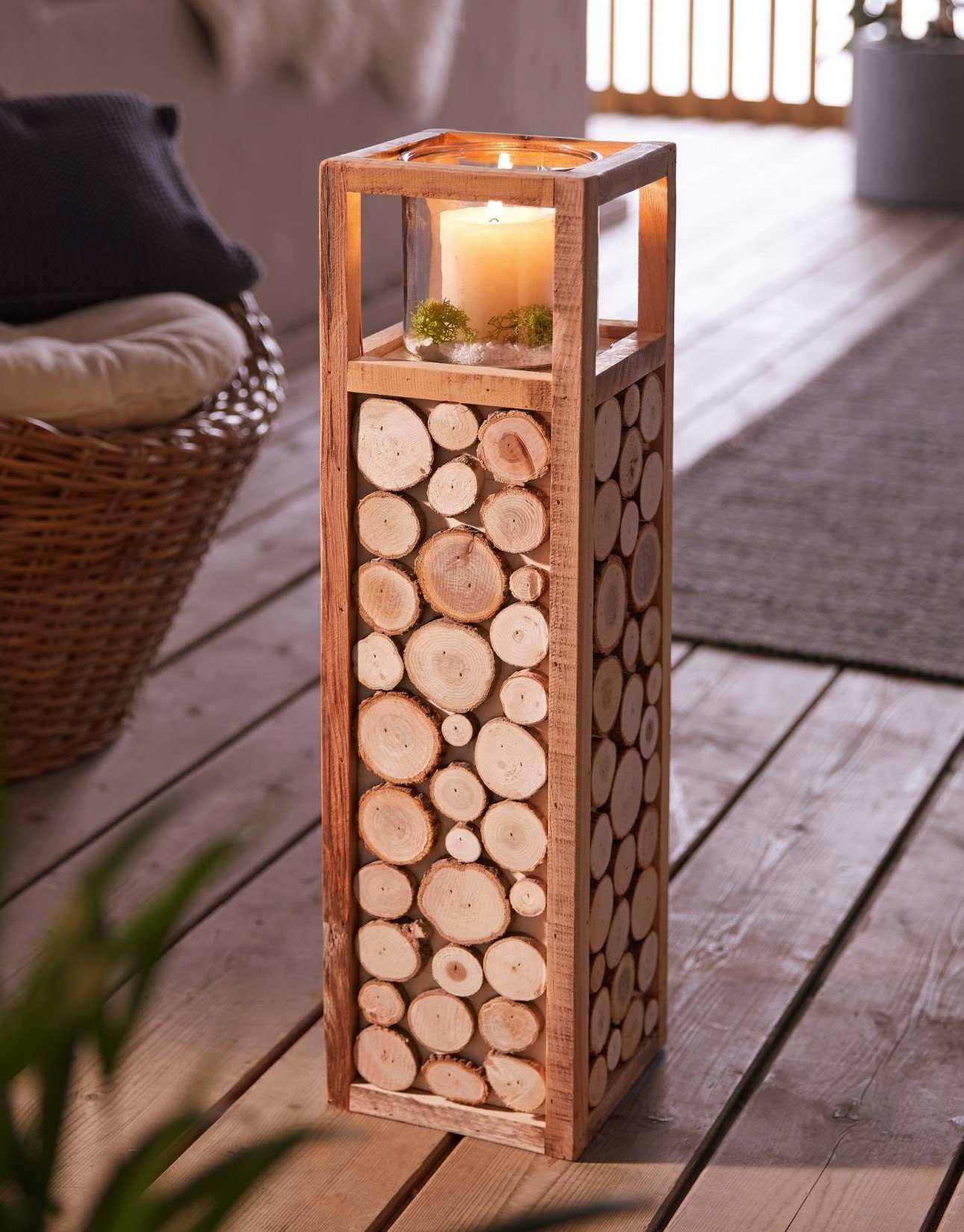 Dekoleidenschaft Bodenwindlicht "Holzscheiben", Windlichtsäule, Dekosäule aus Holz, Kerzenhalter (1 St), 58 cm hoch | Windlichter
