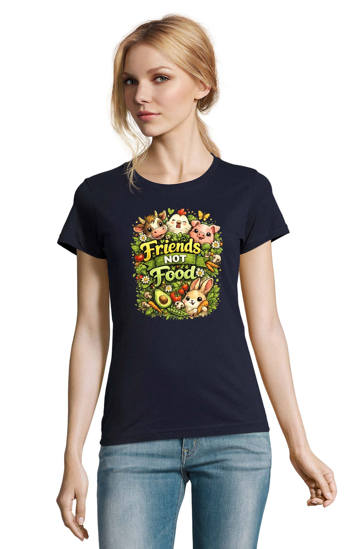 Blondie & Brownie T-Shirt Friends Not Food Damen T Shirt Print Bauernhof Tiere Vegan Motiv (Einzelstück, Einzelartikel) Friends Not Food Damen T Shirt Printmotiv