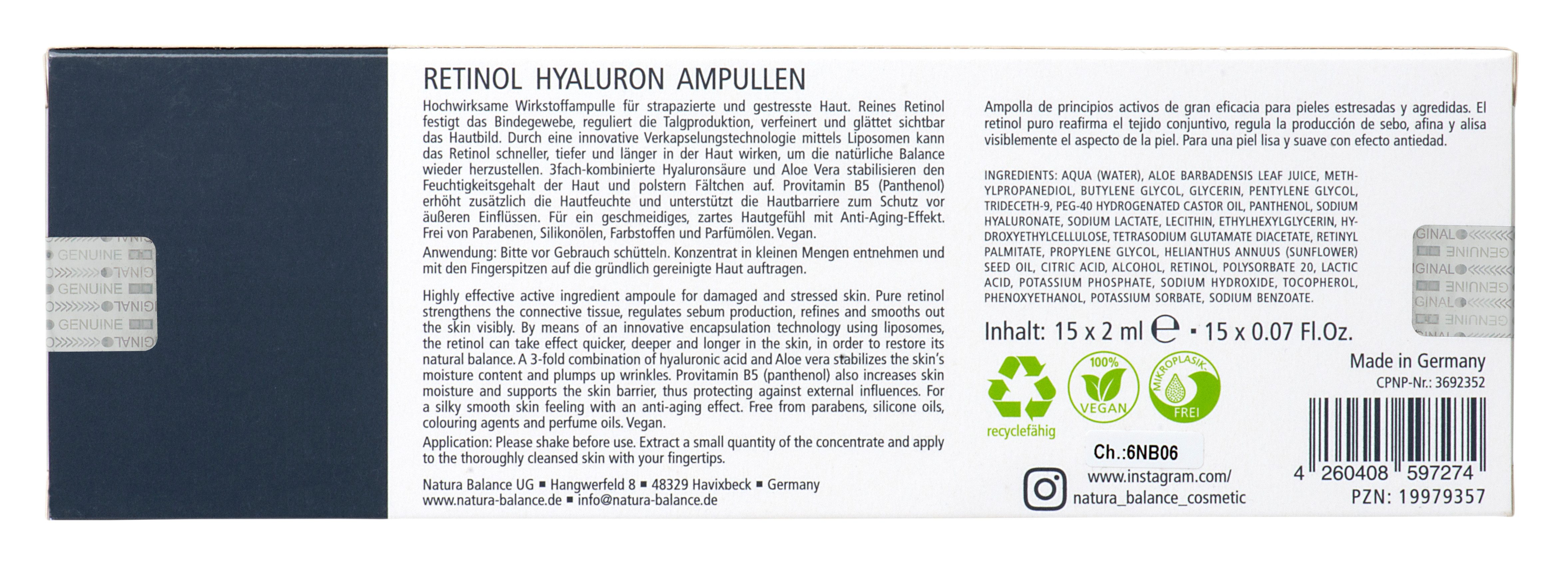 Natura Balance Gesichtspflege 15x 2ml Retinol Hyaluron Ampullen Hyaluronsäure B5 Vitamin A