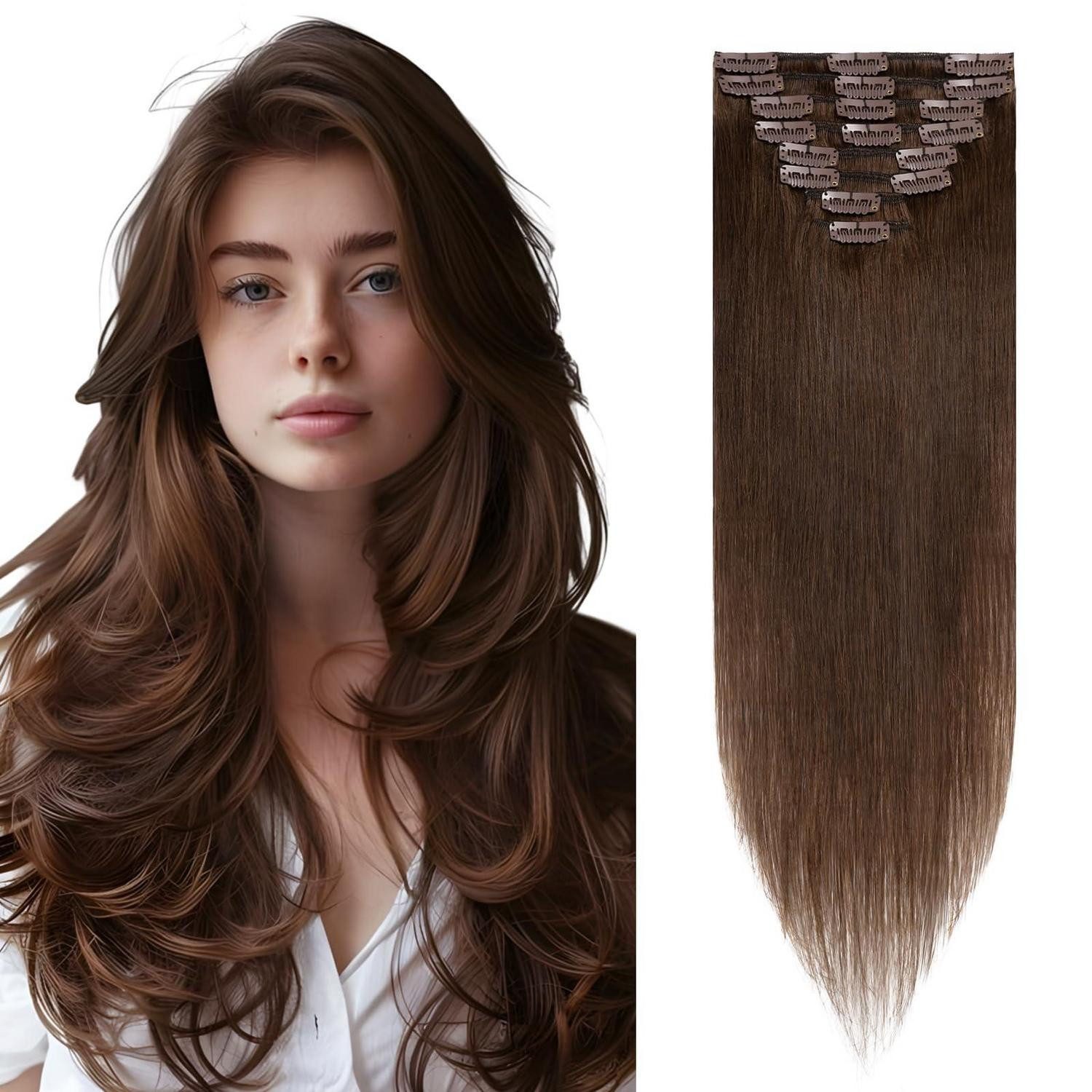 Echthaar-Extension Extensions Clip in Echthaar 8er Set 50cm #4 Mittelbraun