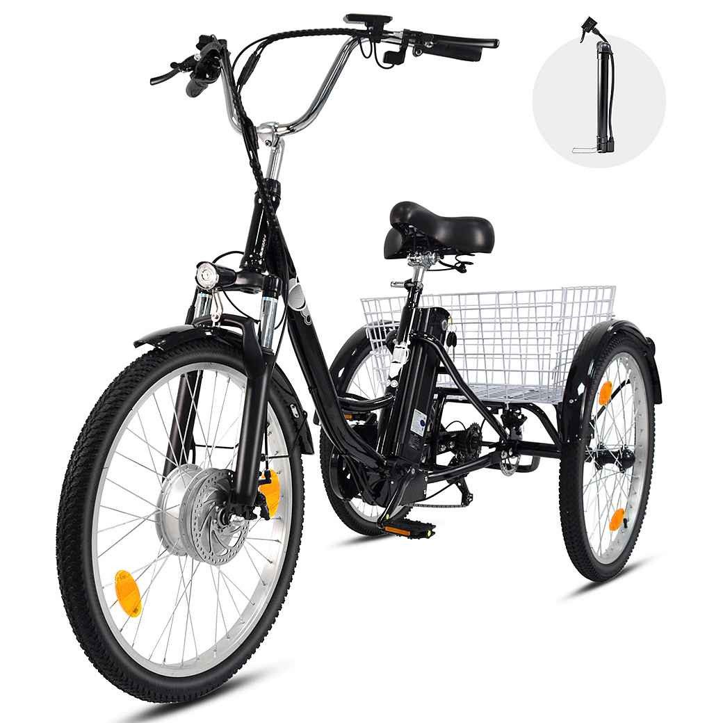 Vankel E-Bike Cityrad Damen u. Herren Elektro-Dreirad 24 Zoll 250W 540Wh 100km 3-Rad Pedelec, Kettenschaltung, Heckmotor, 648 Wh, (Beleuchtungsset mit Batterieladegerät, Batterieschlüssel, Werkzeug), Shimano 7-Gang Vorderradmotor Federgabel Cargobike 120kg Traglast
