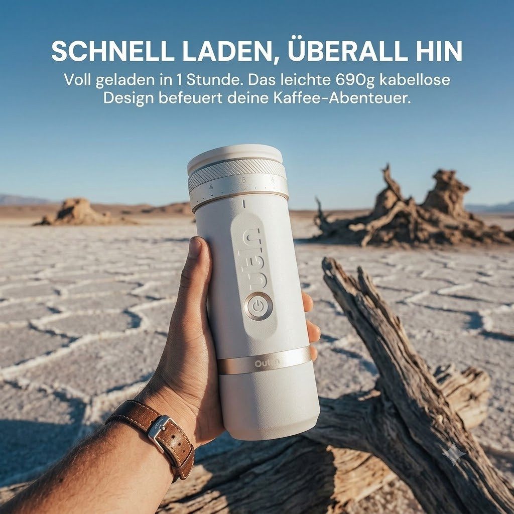 OutIn Kaffeemühle OutIn Fino Coffee Grinder Kaffeemühle 28 Stufen Kegelmahlwerk Mobil, 38-mm-Kegelmahlwerk aus gehärtetem 420er Edelstahl mit siebeneckiger 7-Stern-Geometrie, 25 g Bohnenbehälter, 28 Mahlgrade, 38-mm-Siebeneckiges 7-Stern-Edelstahl-Kegelmahlwerk