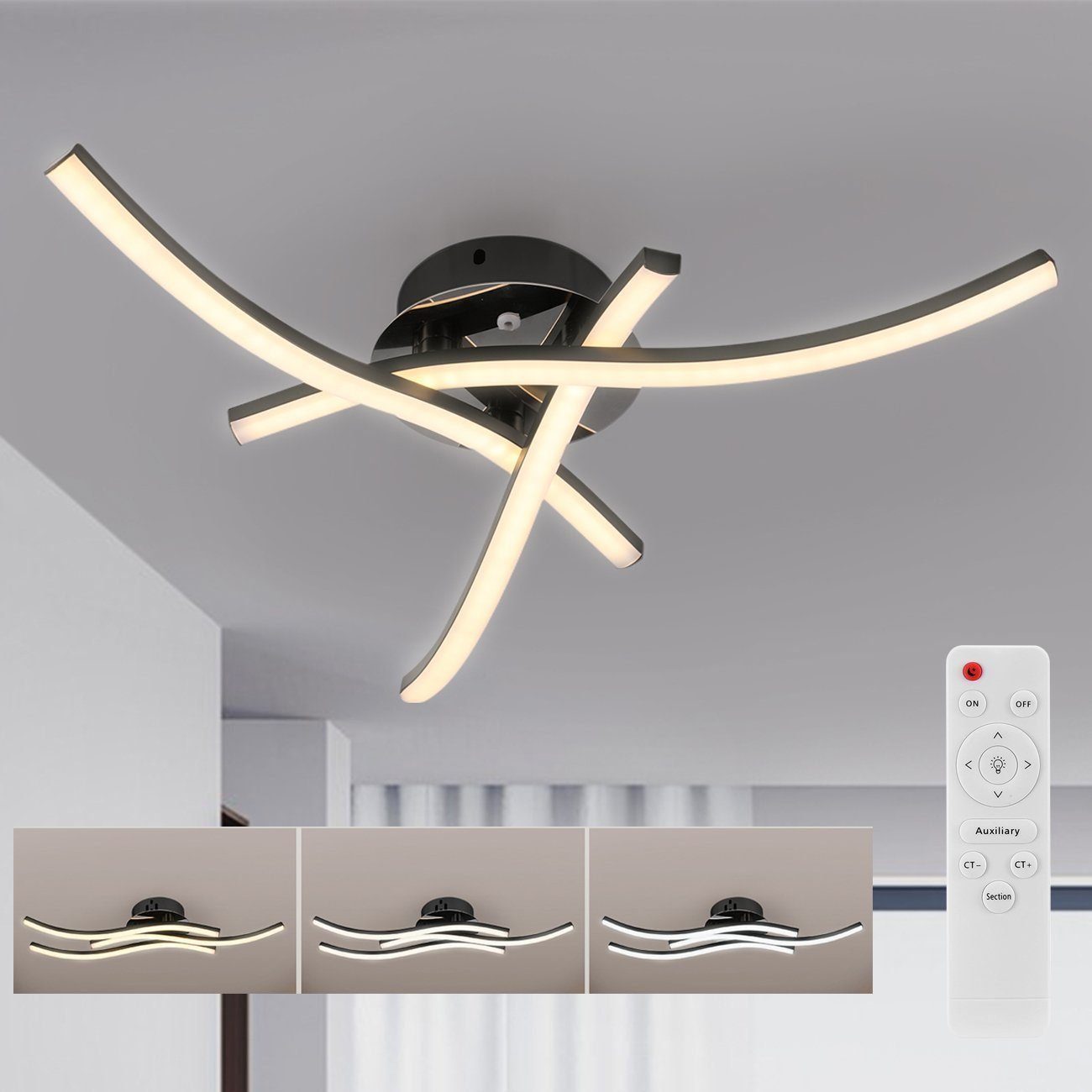 Moderne Dimmbar fest Deckenlampe Fernbedienung, 36W, 3600 LETGOSPT für mit Lampe Lumen, LED Küche LED LED Wellenförmige, 3 Wohnzimmer integriert, Deckenleuchte flammig, 3000K-6500K
