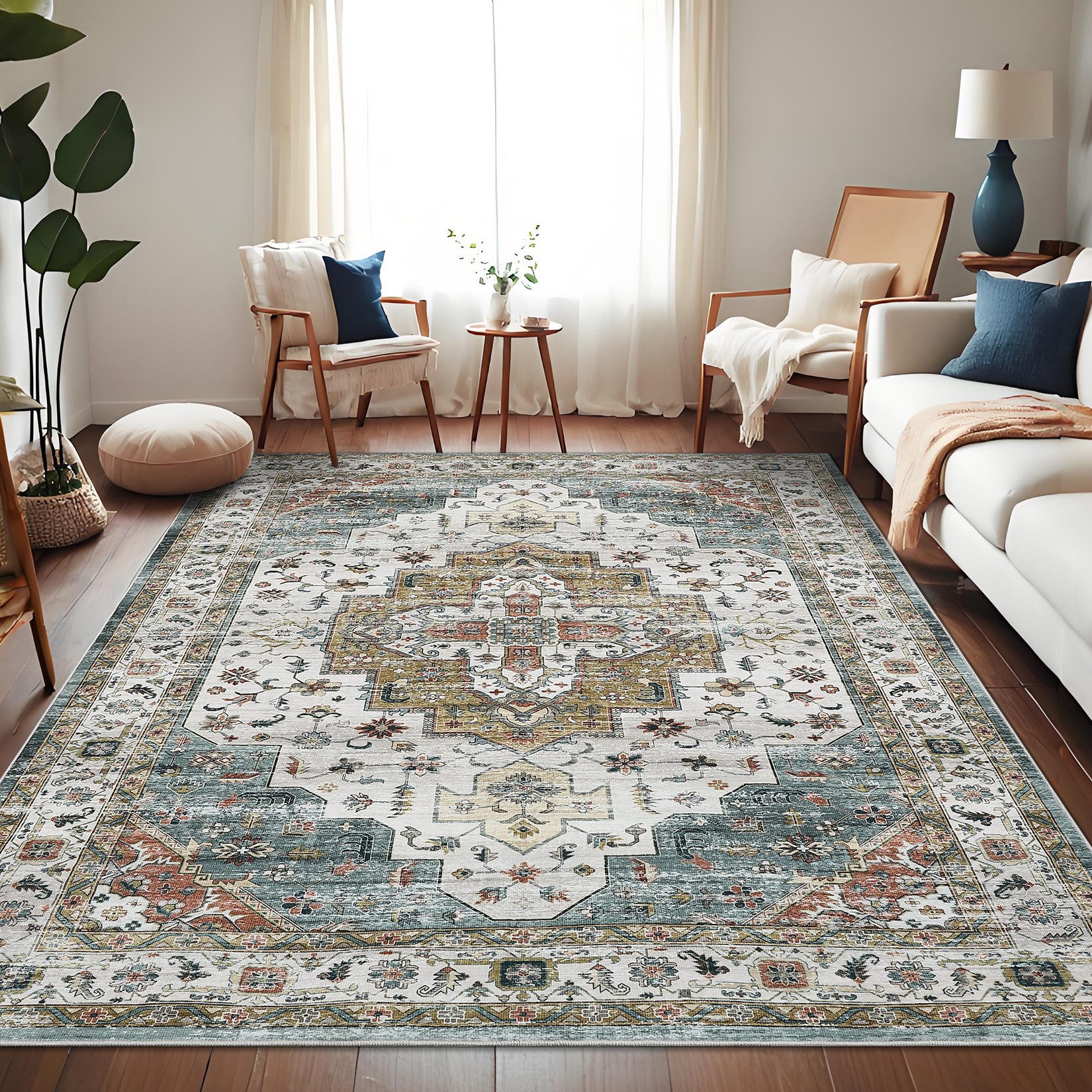 GarveeMore Teppich Flachflor-Teppich aus Perlvelours, waschbar & faltbar, 1200 g/m², rechteckig, Höhe: 6,5 mm, Florgewicht 350 g/m², Hellgrün/Dunkelgrün, 120x170–240x340 cm