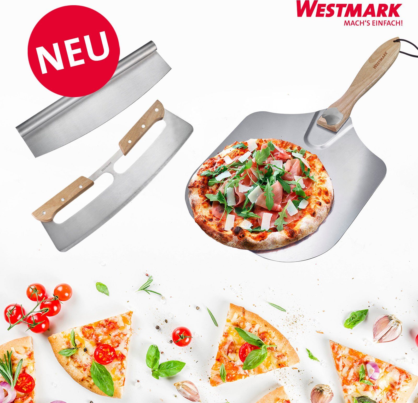 WESTMARK Pizzaschneider Pro, Wiegemesser, Holzgriff Edelstahl mit
