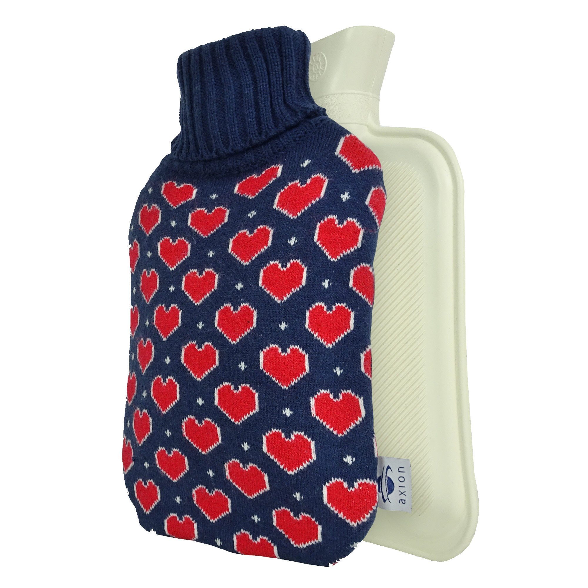 Axion Wärmflasche mit Bezug, 33 x 20 cm, ca. 2 Ltr., Wärmflaschen, blau mit roten Herzen, 100% Naturkautschuk, Weihnachtsgeschenk