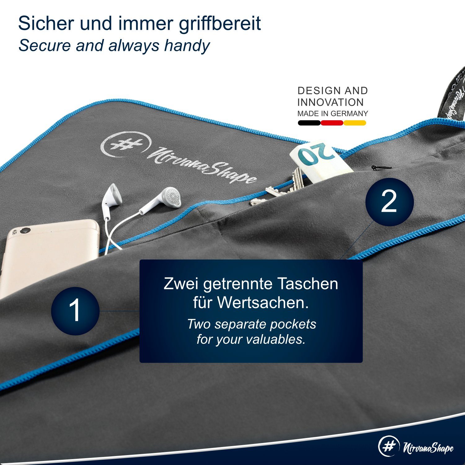 Reißverschlusstaschen / Microfaser, Mikrofaser NirvanaShape Grau Funktionaler 2x & Ultra-Saugfähig Blauer Sporthandtuch, Fitness-Handtuch mit Geräteüberzug, Rand Magnet-Clip, Sporthandtuch