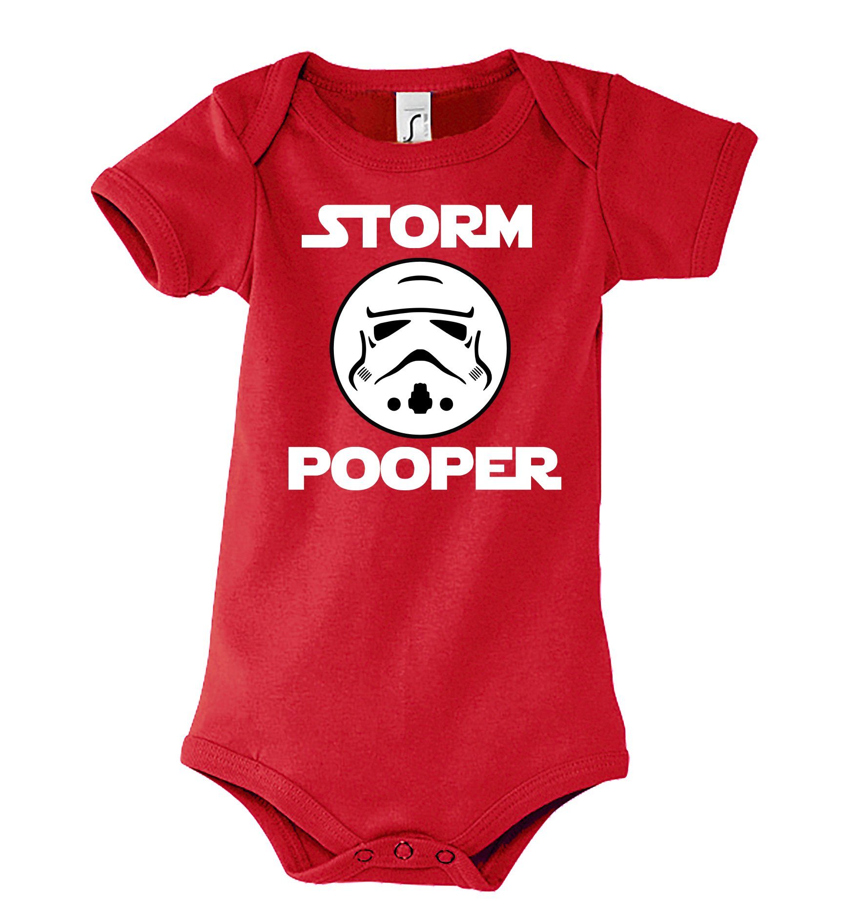Youth Designz Kurzarmbody Storm Pooper Trooper Baby Body Kurzarm Strampler mit lustigem Spruch & Logo Print Rot