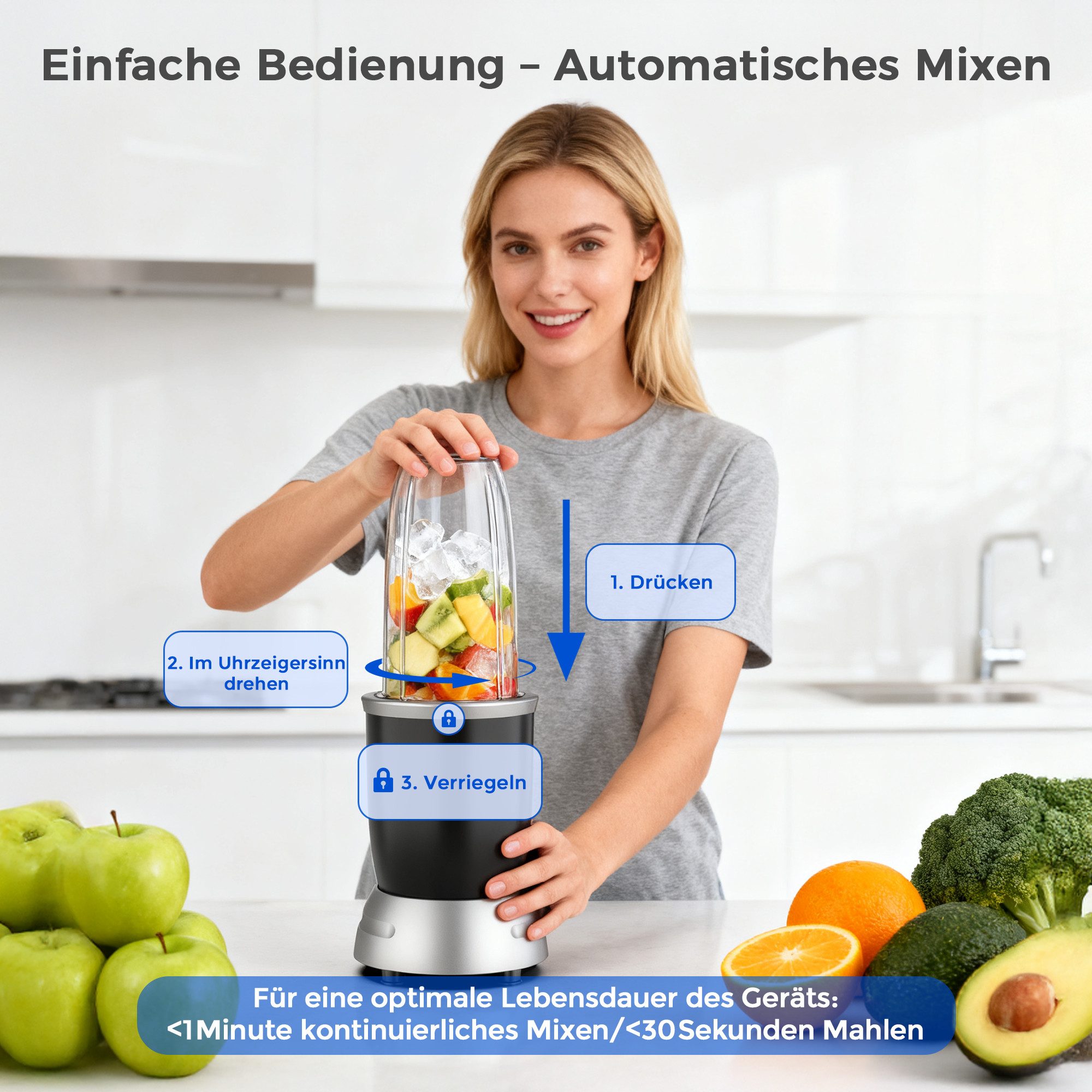 Teendow Standmixer BL916AB 3 in 1 Smoothie mixer maker 1200W hochleistungs mixer, 1200 W, 1.1L, 6 Klingen, Leicht zu tragen, Sicher, rutschfest – Bild 4 von 5