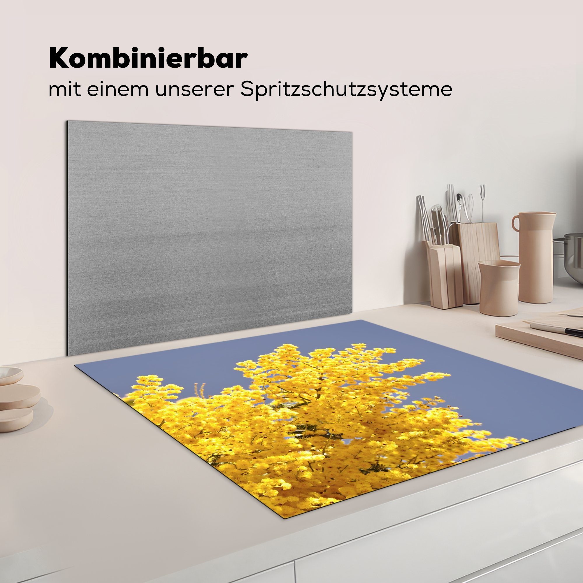 Himmel, Vinyl, für cm, MuchoWow Herdblende-/Abdeckplatte tlg), küche gelbe 78x78 Leuchtend blauem (1 Mimosenblüten Ceranfeldabdeckung, Arbeitsplatte mit