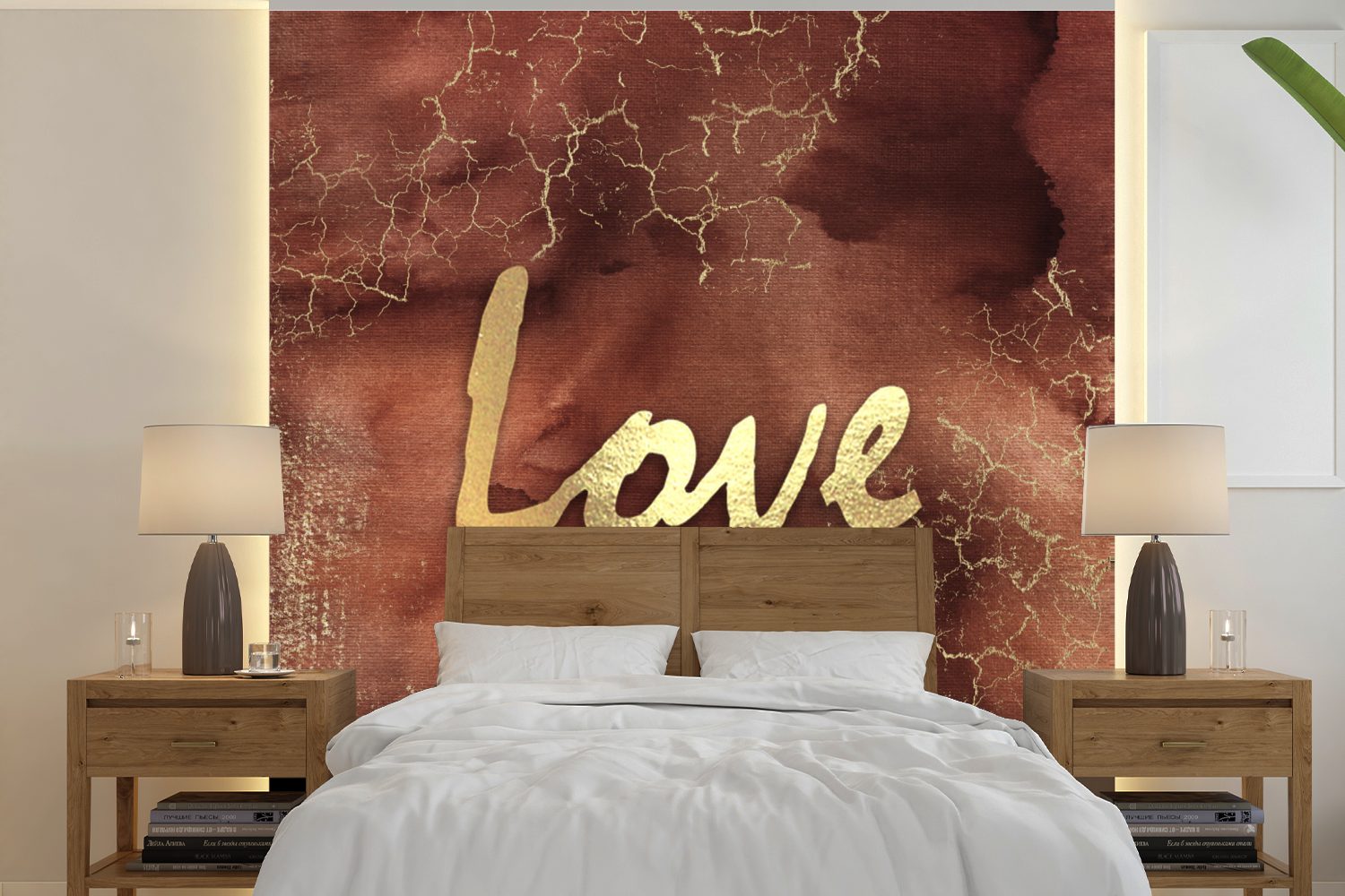 MuchoWow Fototapete Zitat - Liebe - Braun - Gold, Matt, bedruckt, (5 St), Vinyl Tapete für Wohnzimmer oder Schlafzimmer, Wandtapete