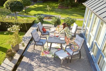 Outdoor Gartentisch KARRATHA, Ausziehbar, 160 - 210 x 90 cm, Anthrazit, Grau, Aluminium, Tischplatte aus Glaskeramik