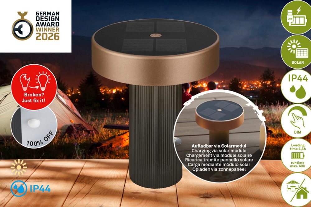 Briloner Leuchten LED Außen-Tischleuchte POGA, LED fest integriert, 16x20 cm, Akku tauschbar, Indoor/Outdoor, Wohnzimmer, Balkon