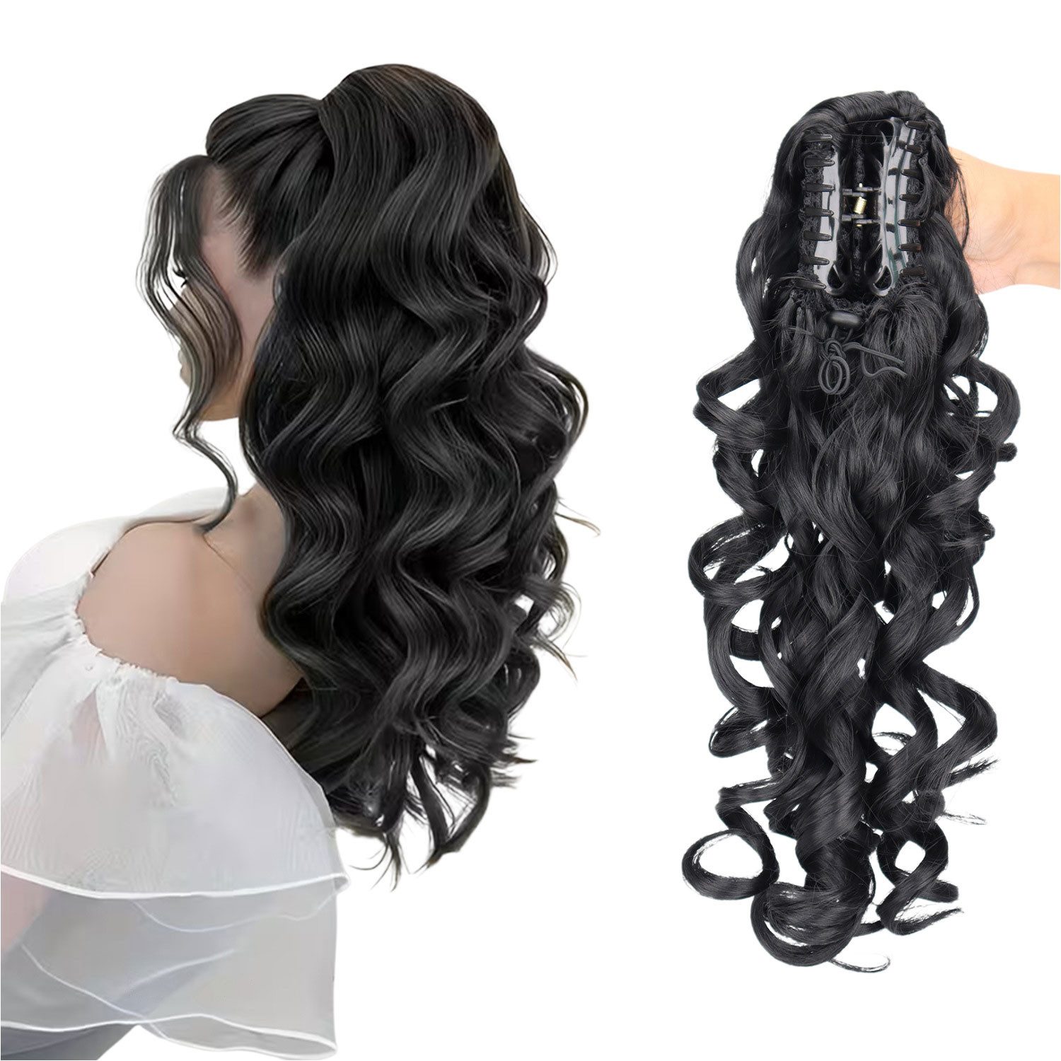 Refttenw Kunsthaar-Extension 40cm Lockiger Pferdeschwanz Haarteil mit Klammer, Ponytail Extension, Verstellbar