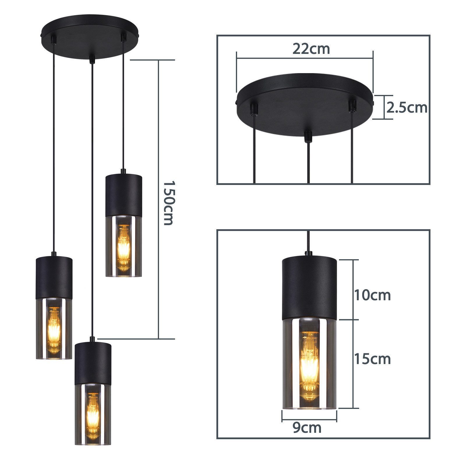 Nettlife Pendelleuchte Esszimmer Glas Vintage 3 flammig E27 Schwarz Retro Pendellampe, LED wechselbar, für Esstischen, Kücheninseln, Theken oder Bars