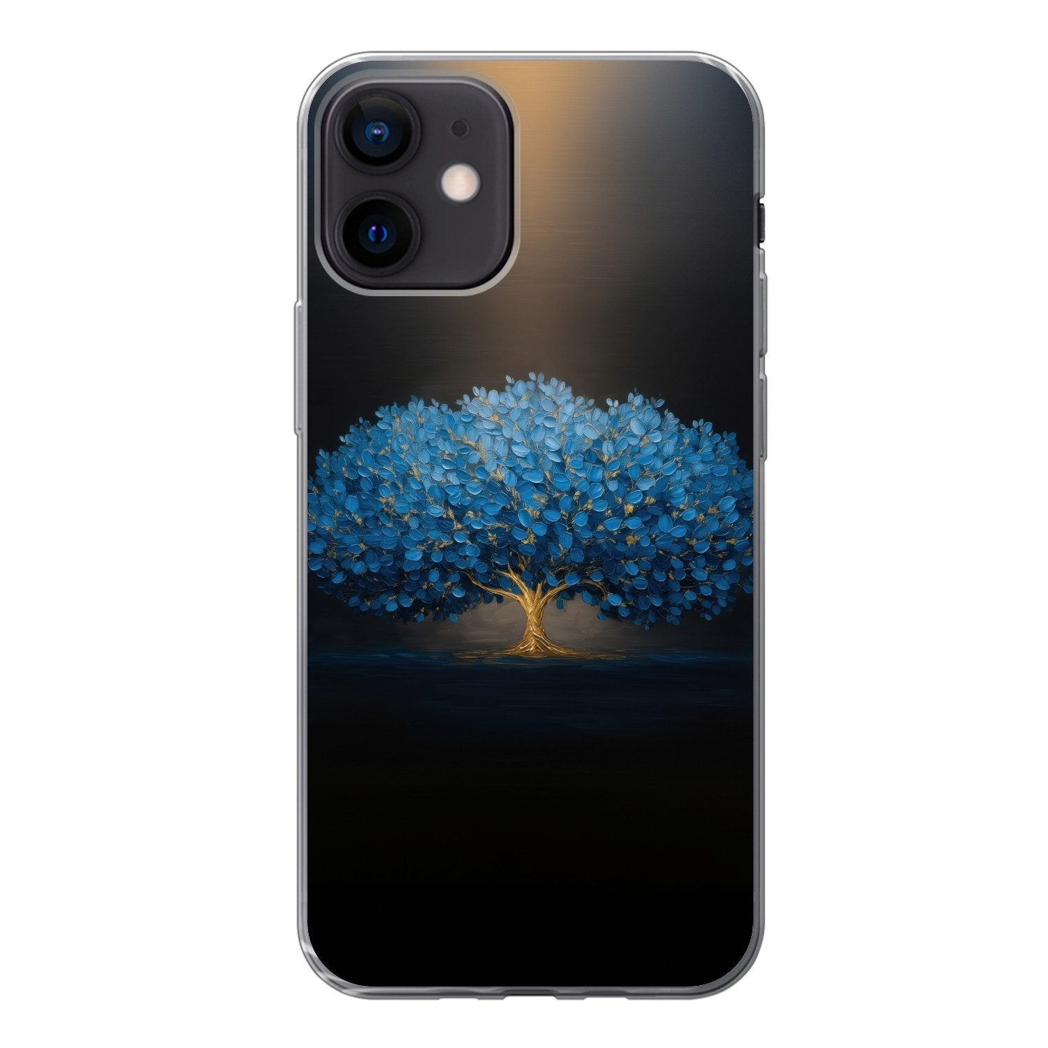 MuchoWow Handyhülle für Apple iPhone 12 Baum - Blau - Blätter - Pinselstriche, Smartphone-Bumper, Print, Handy Schutzhülle Dünn