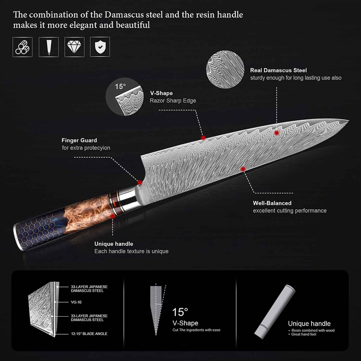Muxel 7-tlg Damast Jedes Extrem extrem ist Set Kochmesser, scharfe Küchenmesser Unikat schöne ein Allzweckmesser Messer