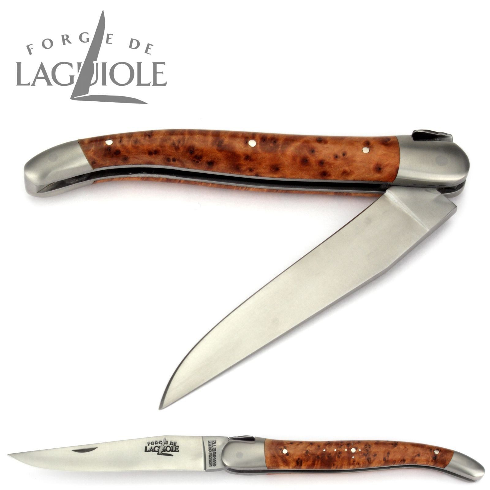 Forge de Laguiole Taschenmesser 1212 IN TH SAT, Griff 12cm Thuja - Feder verziert - Stahl Backen Klinge satiniert