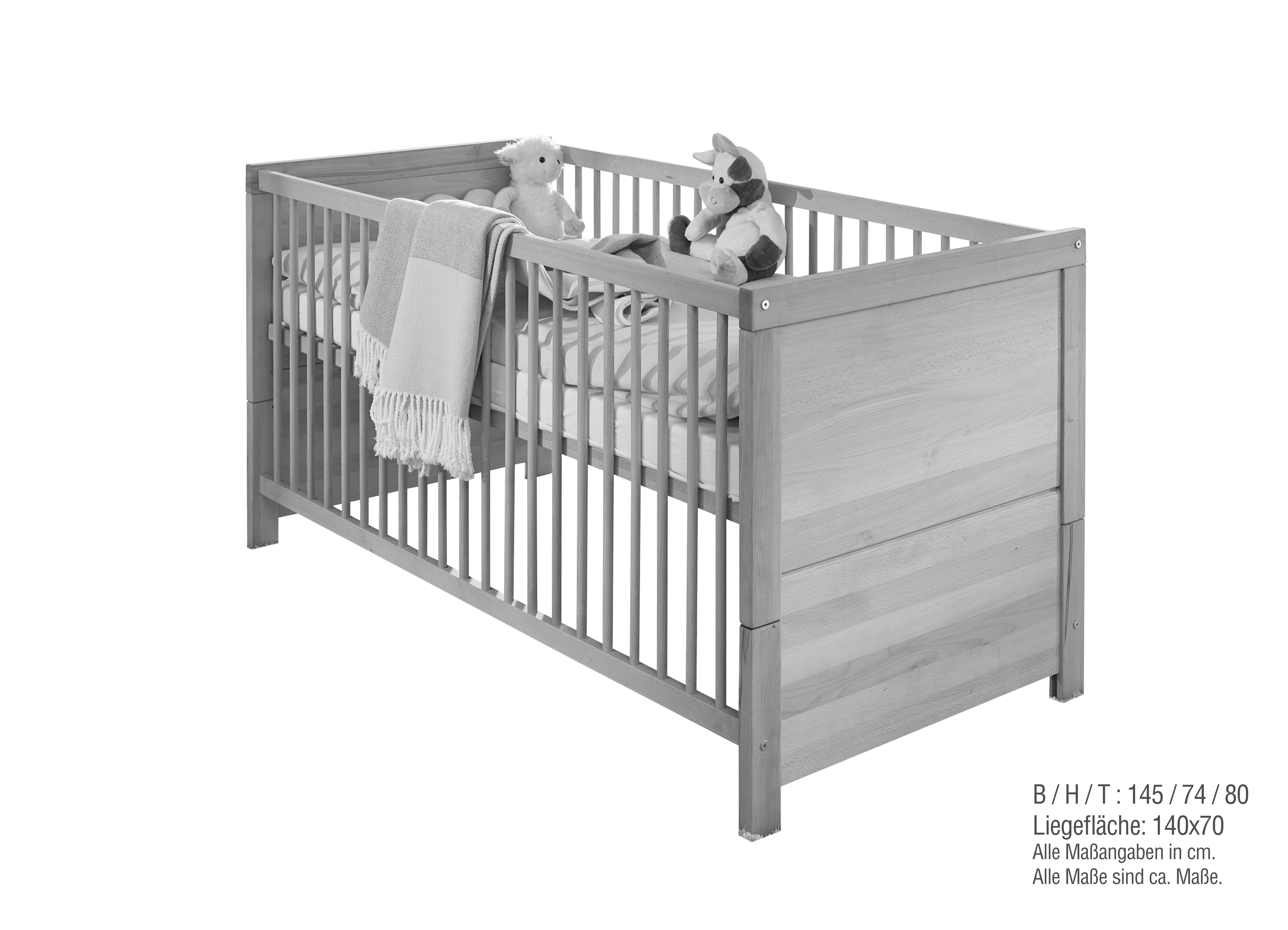 Woodroom Babybett Vik, massive Kernbuche geölt 140 x 70 cm, höhenverstellbar, mit Umbauseiten