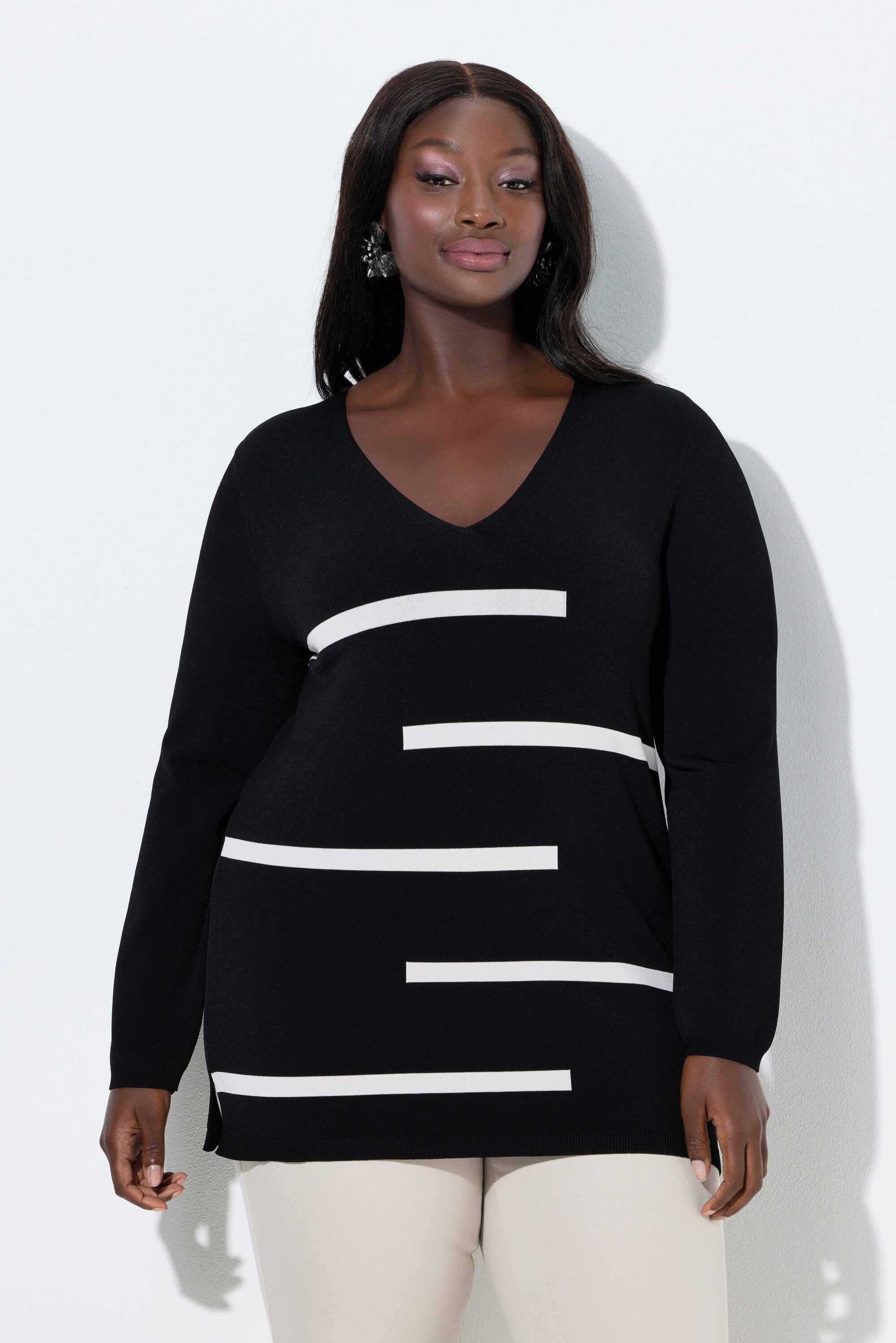 Ulla Popken Strickpullover Pullover Streifen V-Ausschnitt Langarm