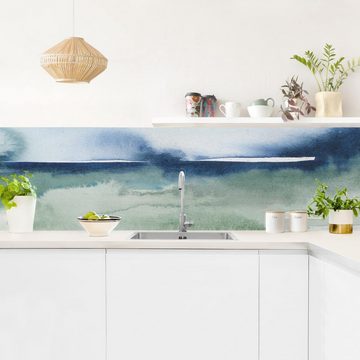 Bilderdepot24 Küchenrückwand blau dekor Abstrakt Aquarell Kunst Strand Meer Meereswogen I, (1-tlg., Nischenrückwand - für Fliesenspiegel ohne Bohren - matt), Spritzschutz Rückwand Küche Herd - Folie selbstklebend versch. Größen
