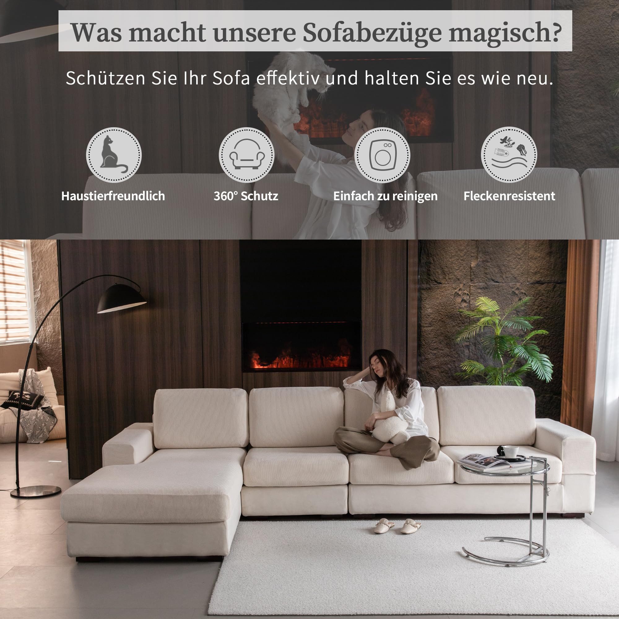 Diwzbyn Sofahusse für 1–4 Sitzer, elastischer Sitzkissenbezug, rutschfester Sofaüberzug, waschbar & pflegeleicht, universelle Passform