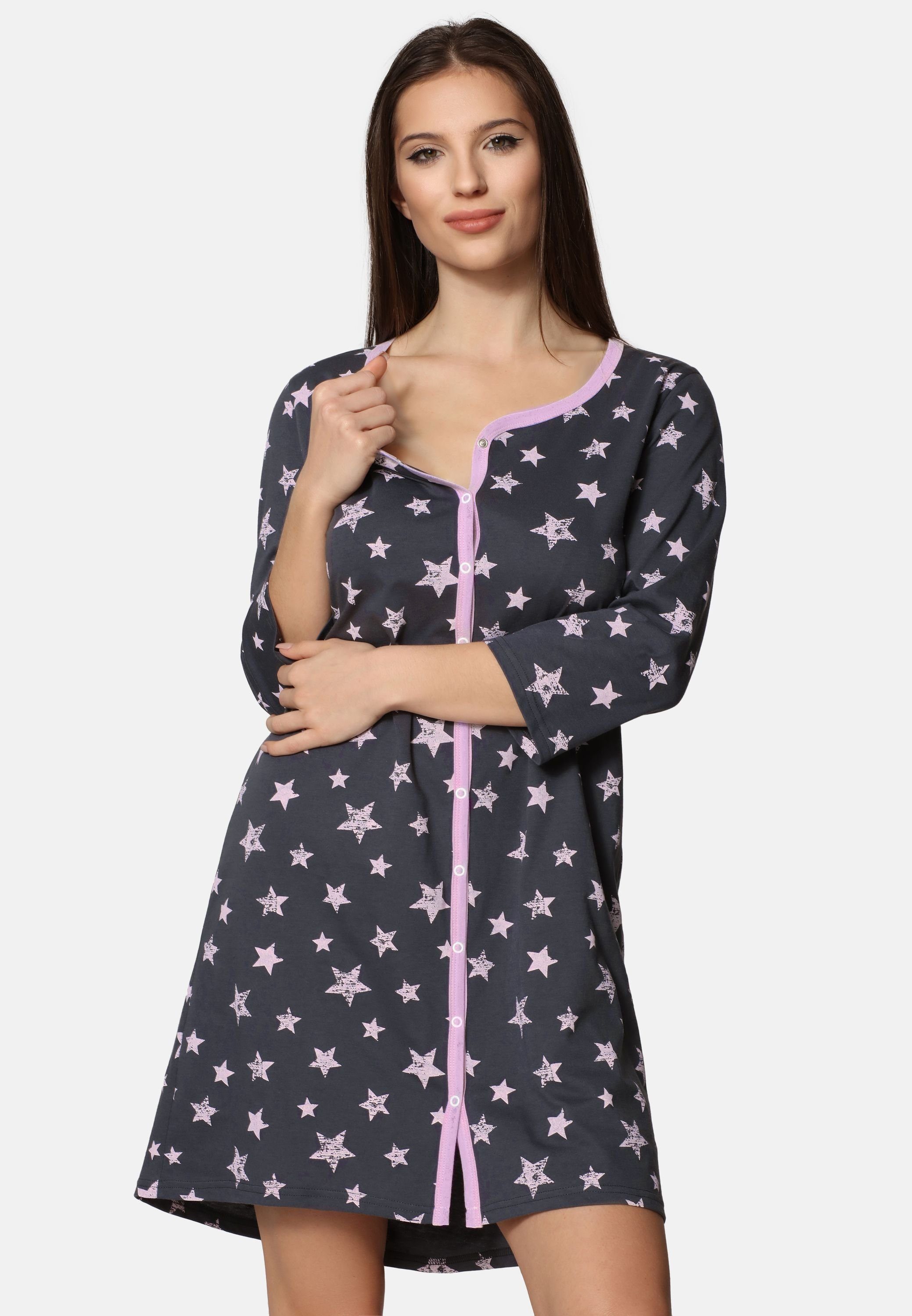 Nachthemd 3/4 Umstands Umstandsnachthemd Stillfunktion Sterne Graphit mit Rosa Damen Be (1-tlg) BE20-276 Arm Mammy