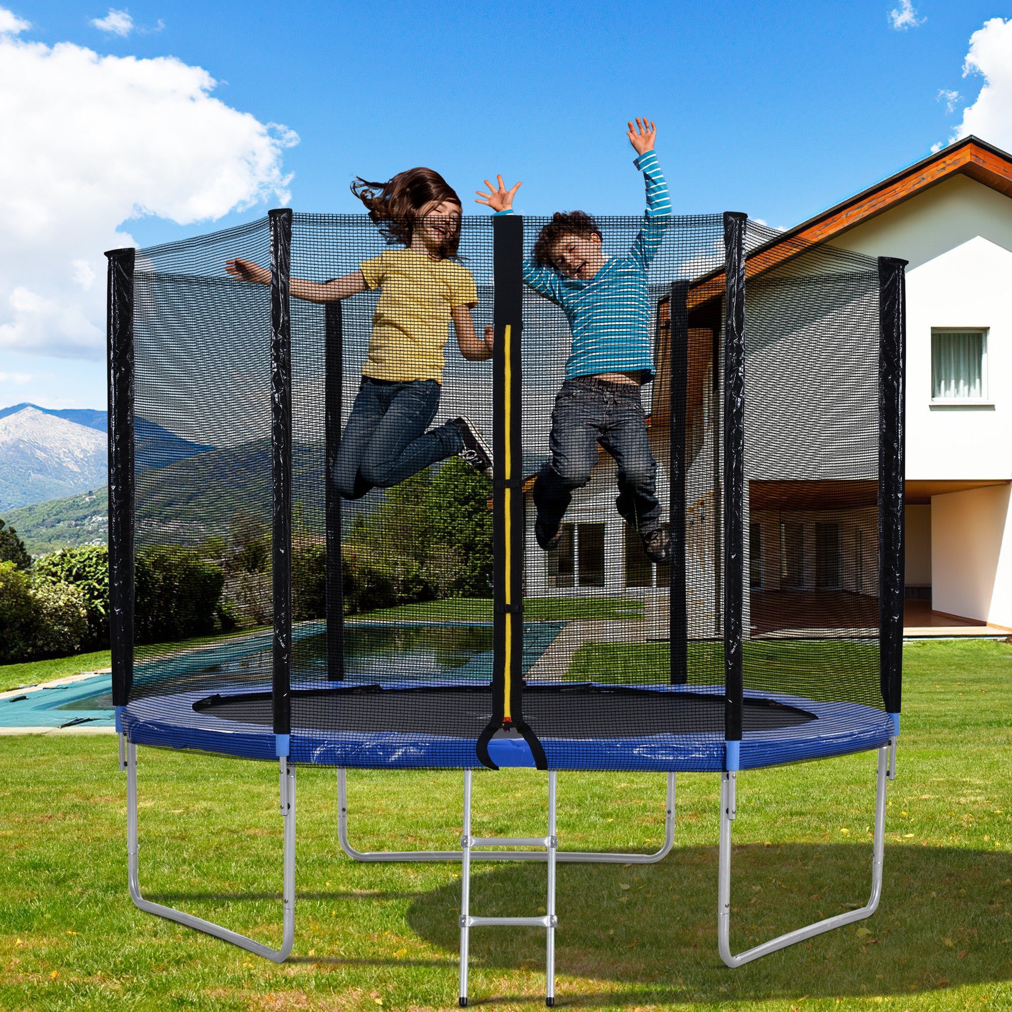 Merax Fitnesstrampolin Outdoor-Trampolin mit Sicherheitszaun und Leiter, 10 FT Gartentrampolin mit 150 kg