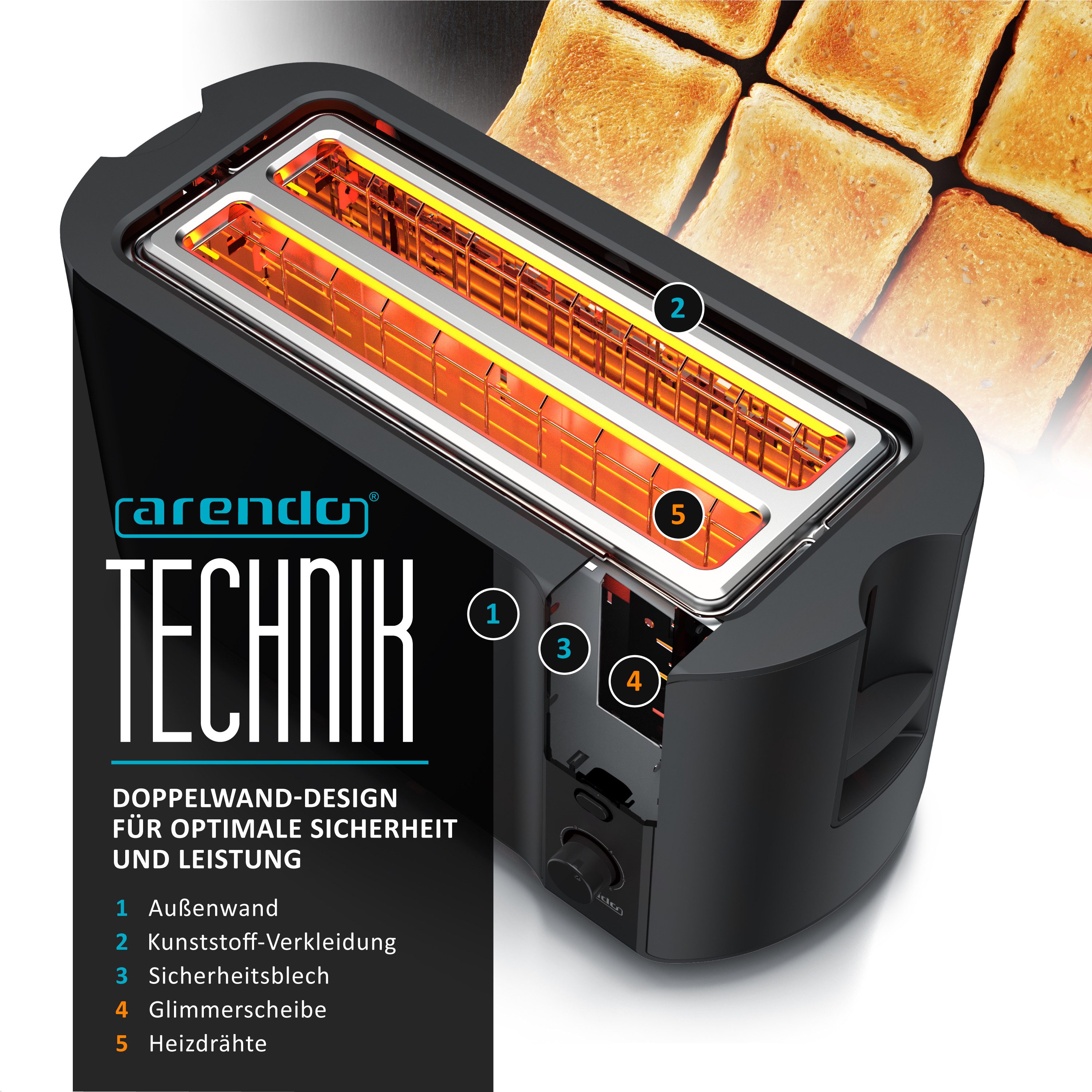 Arendo Toaster Langschlitz, Display mit Restzeitanzeige, Krümelschublade, Edelstahl, 2 lange Schlitze, für 4 Scheiben, Wärmeisolierendes Gehäuse mit Brötchenaufsatz, Defrost Funktion
