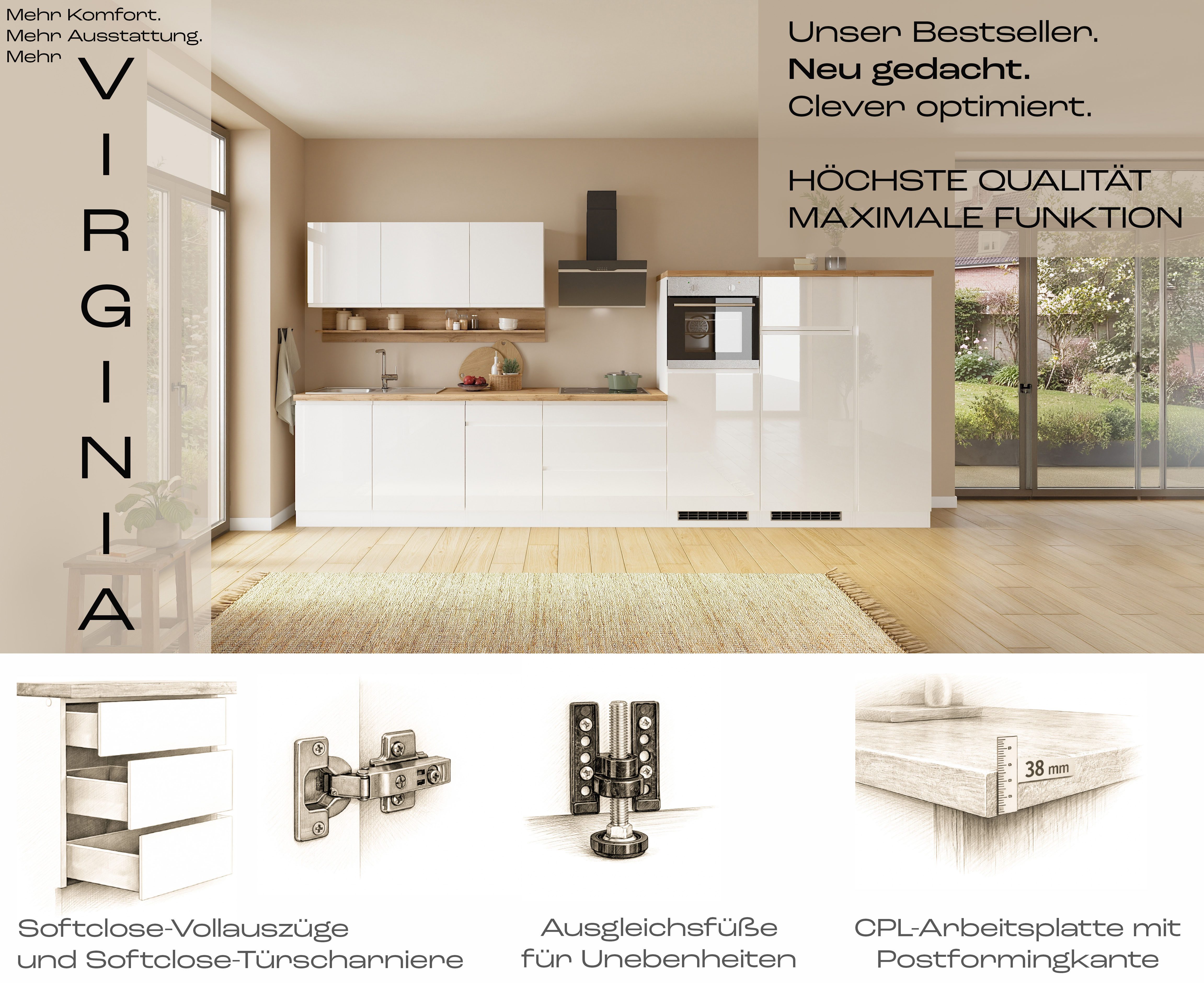KOCHSTATION Kochfeldumbauschrank KS-Virginia,neu in verbesserter Ausführung (Stauraum, Softclose) Breite 80 cm, Höhe 86 cm, Softclose-Auszüge – Bild 3 von 5