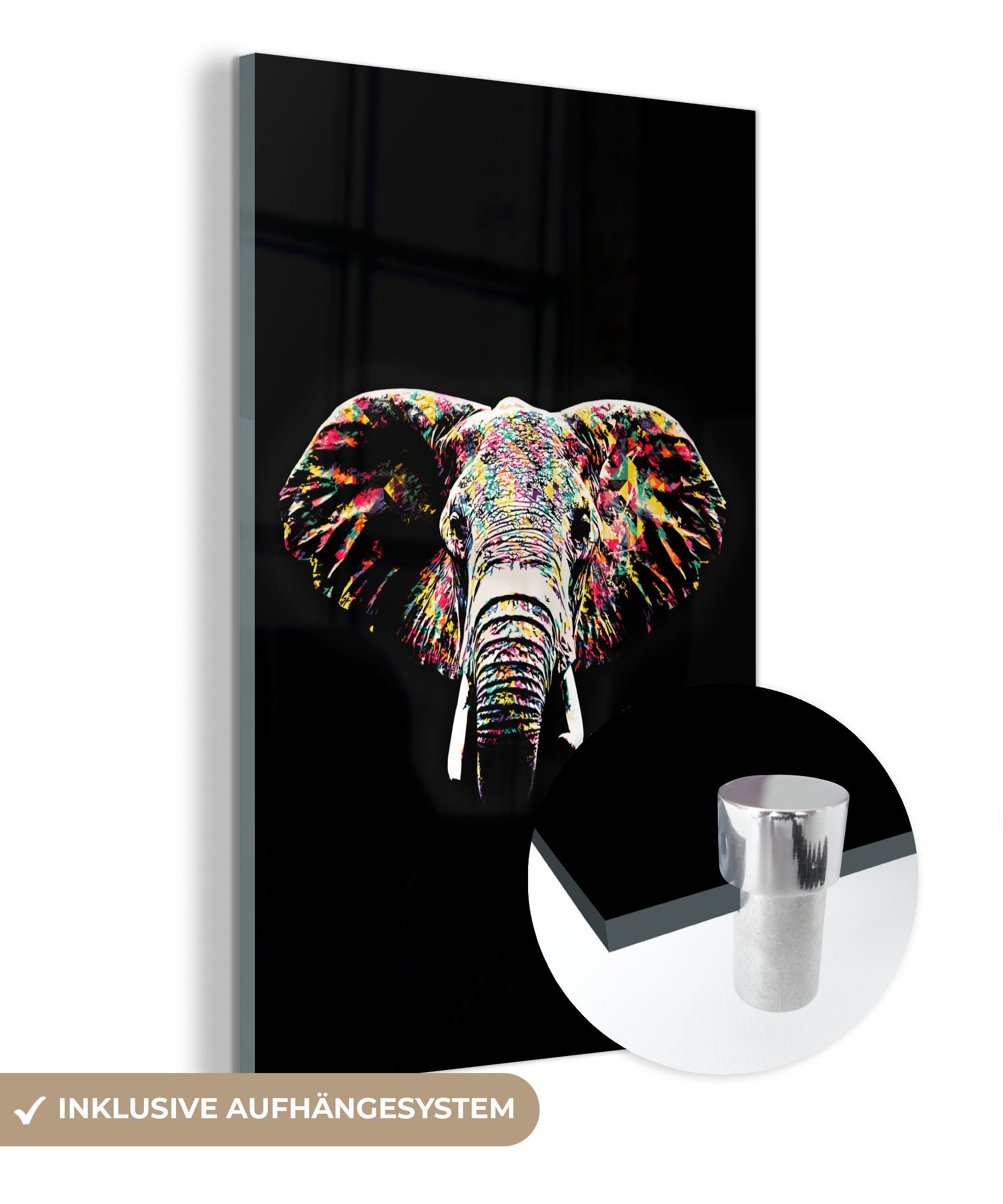 MuchoWow Acrylglasbild Elefant - Farbe - Farben, (1 St), Glasbilder - Bilder auf Glas Wandbild - Foto auf Glas - Wanddekoration bunt | Bilder