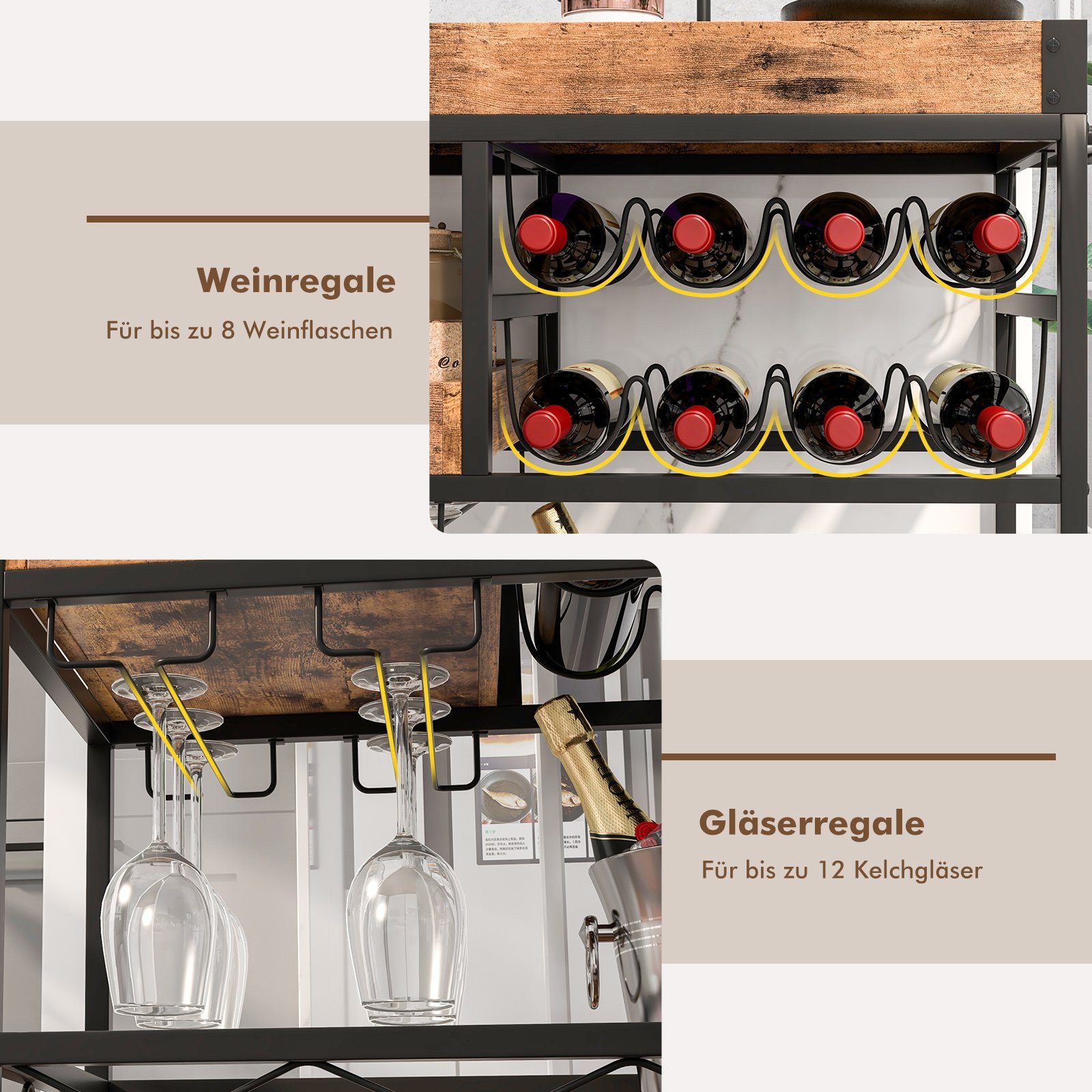 COSTWAY Küchenwagen, mit abnehmbarem Tablett, Weinregal, auf Rollen