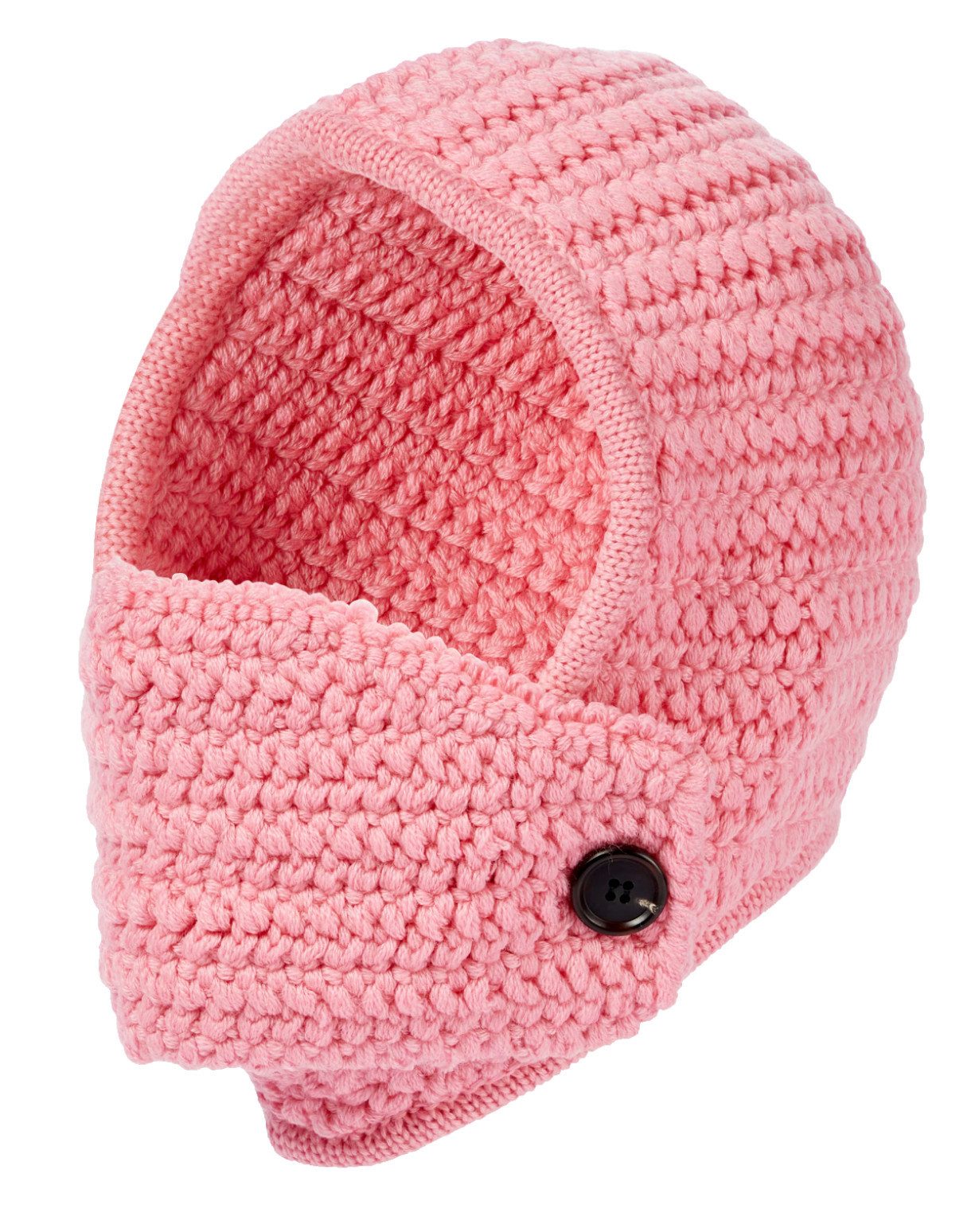 Miu Miu Strickmütze Mütze Mask-front crocheted hood hat Crochet Virgin Wool Hat Cap Hut Knopf-Kinn- und Mundschutz für optimale Isolierung