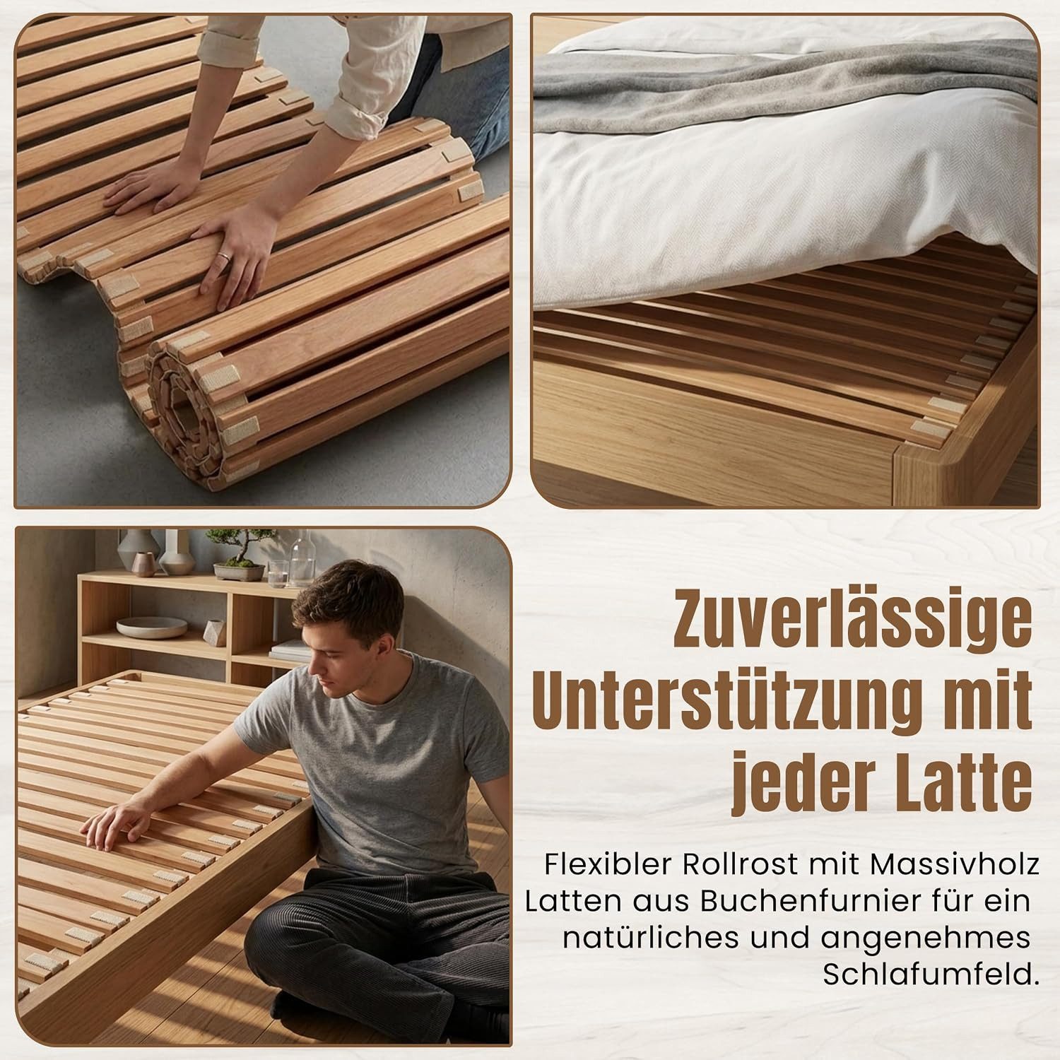 Rollrost 100% Metallfrei – Federholz-Lattenrost aus Buche, geborgenschlafen, Knarzfrei & stabil  23 Leisten  Ideal für weiches Liegegefühl