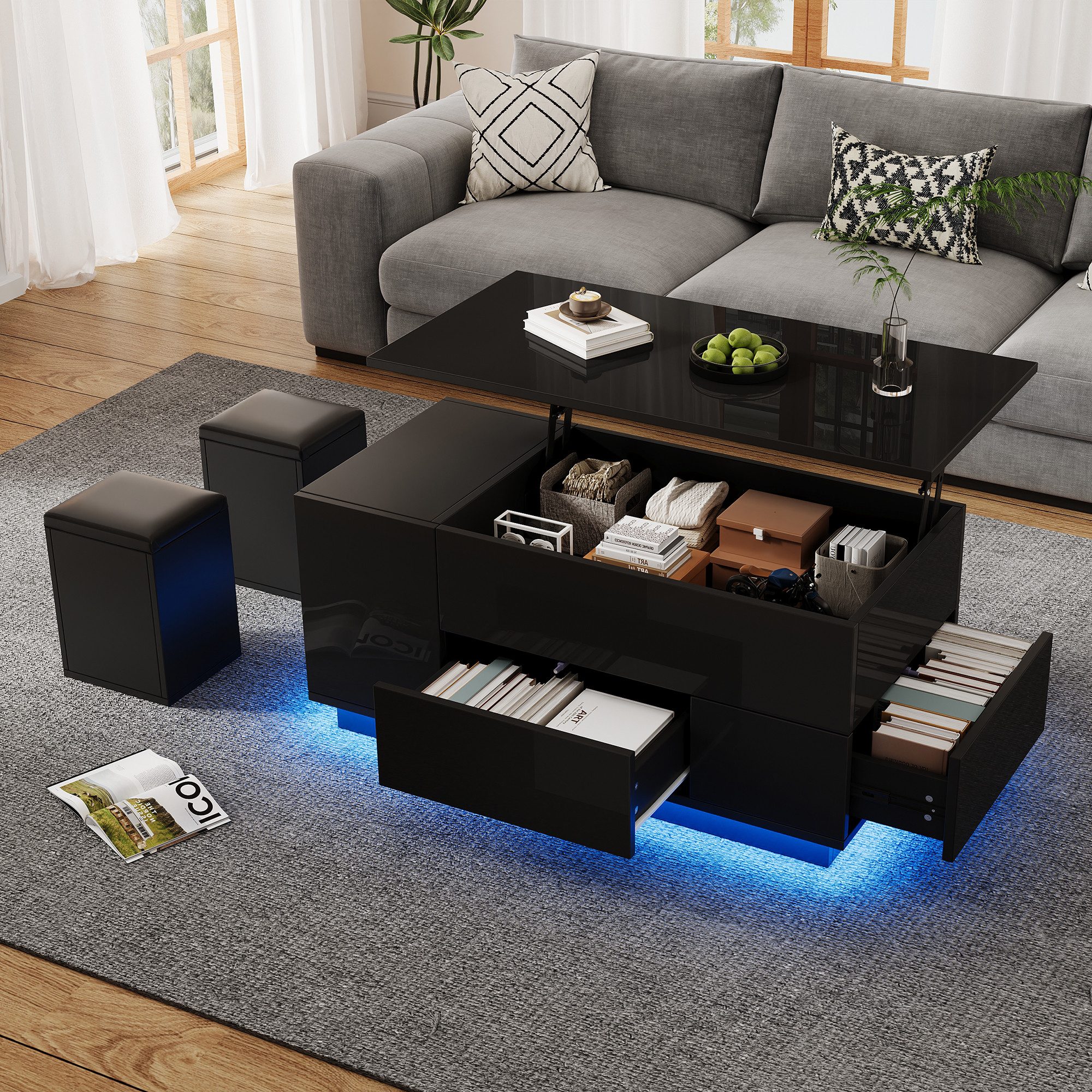 KLAM HOME Couchtisch Höhenverstellbarer LED-Couchtisch Weiß mit 2 Hockern (Hochglanz Sofatisch mit 2 Schubladen & Stauraum), Multifunktionaler Wohnzimmertisch bis 50kg Tragkraft