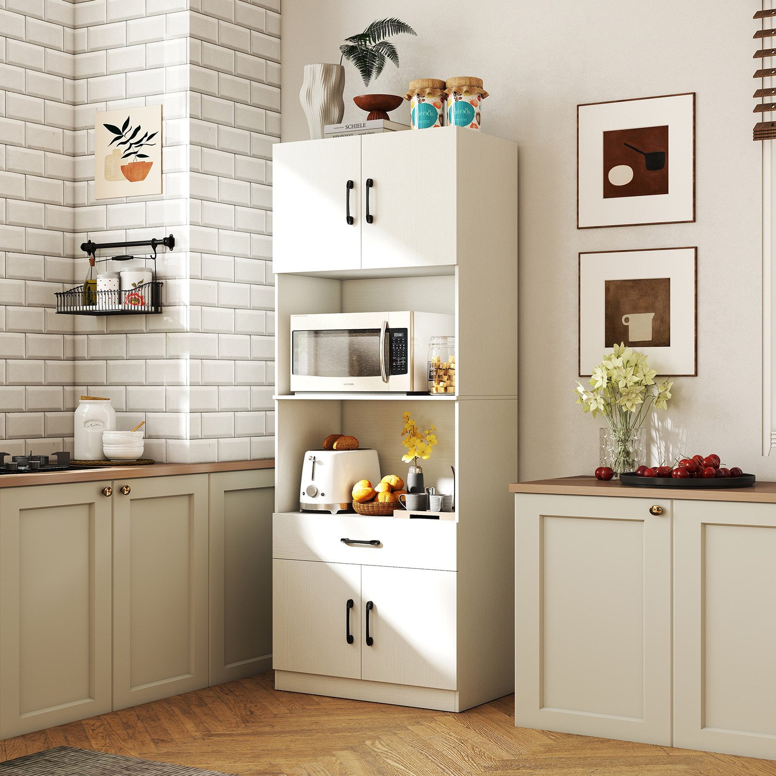 COSTWAY Küchenbuffet mit Ladestation Vorratsschrank hoch mit verstellbarem günstig online kaufen