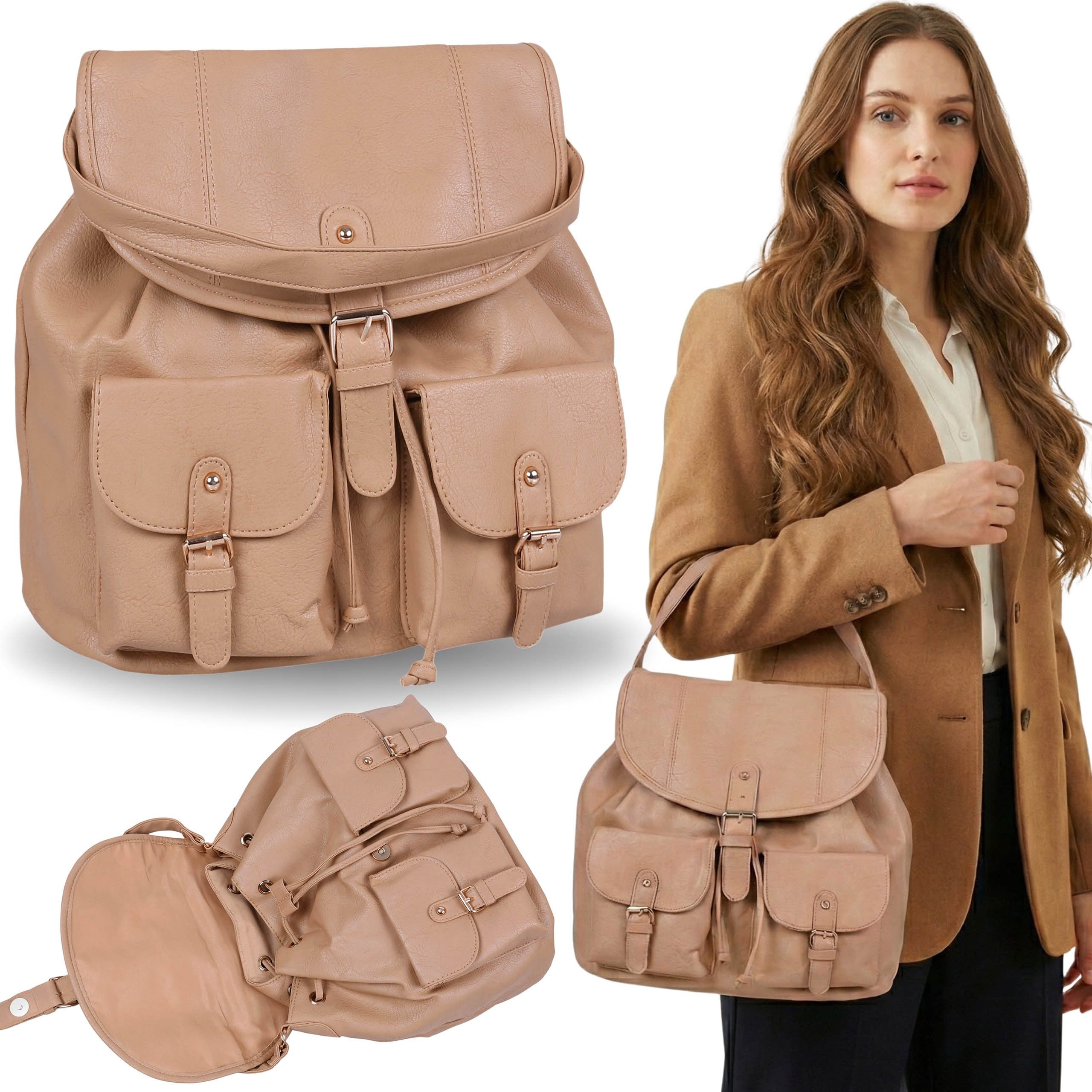Sarcia.eu Tagesrucksack City-Rucksack mit Taschen aus Kunstleder, Damenrucksack im A4-Format