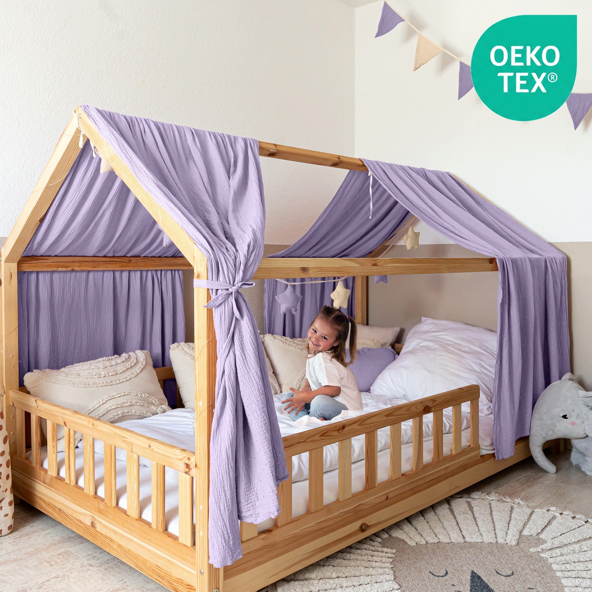 lilimaus Betthimmel für Hausbett aus 100% Musselin - 2er-Set fürs Kinderbett (1-tlg), Set mit 2 abgestimmten Stoffbahnen - weich & schnell montiert