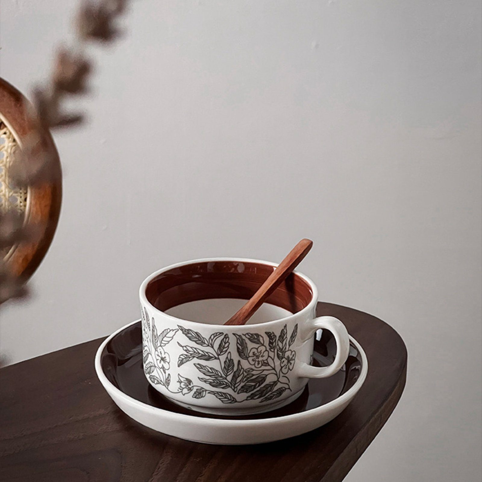 HOMEIDEAS Tasse, Keramik, Kaffeetassen mit Untersetzer, Teetasse, Porzellan, 250ml Braun