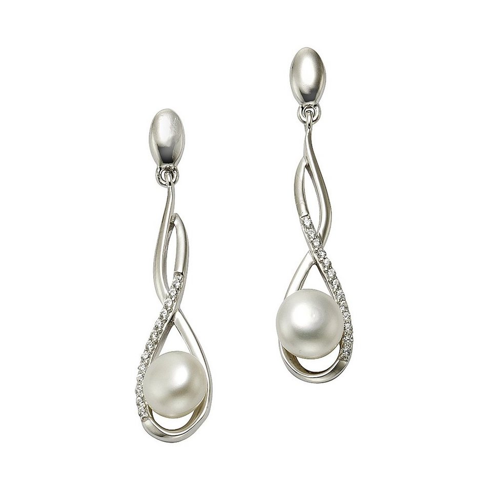 Zeeme Paar Ohrhänger 925 Silber rhodiniert mit Perle weiß und Zirkonia