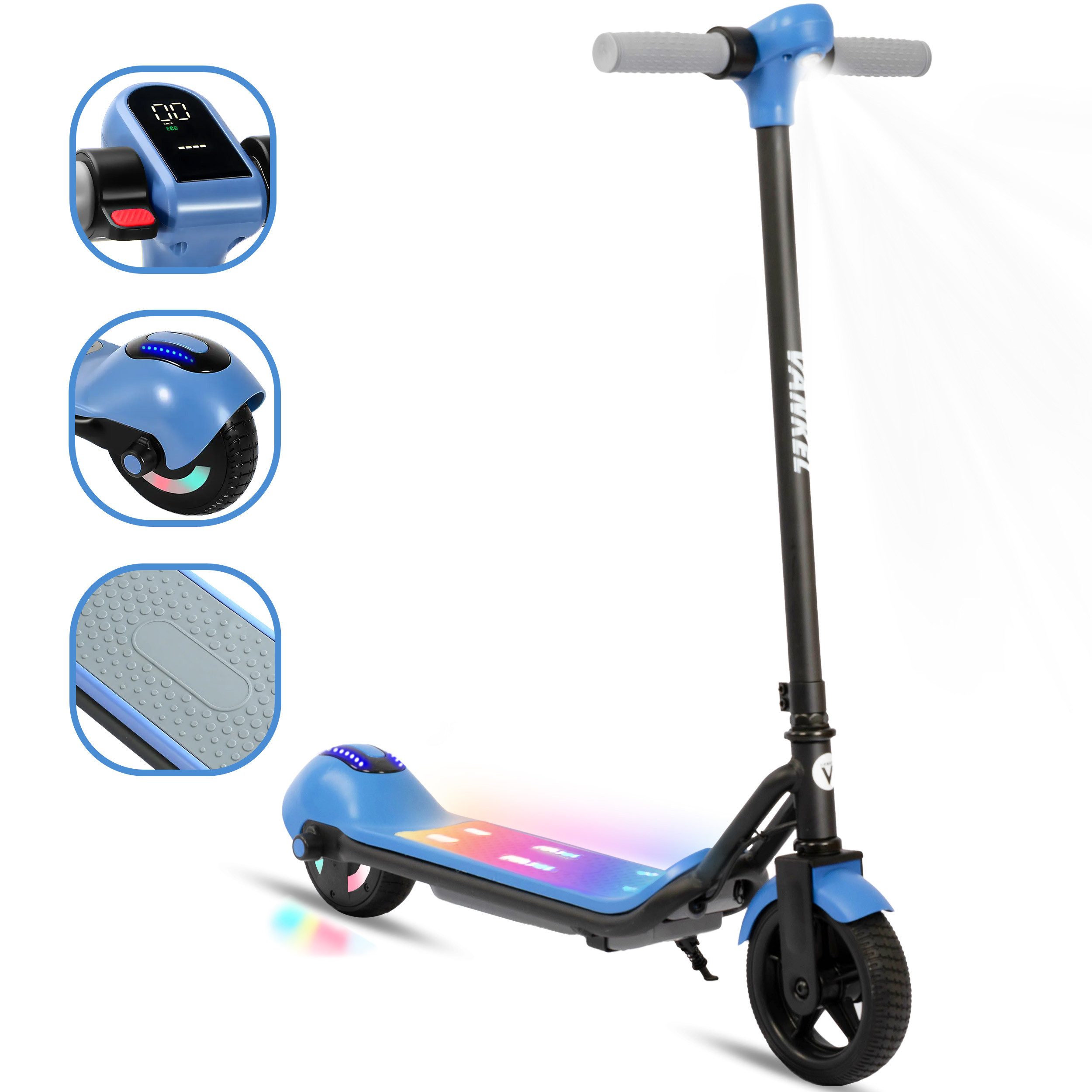 Vankel Elektro-Kinderroller 14 km/h, Licht & Bluetooth, 8-10km, ab 6 Jahren, E-Bremse, 6,5-Zoll E-Scooter für Kinder, 110W Motor, nur ca. 8 kg