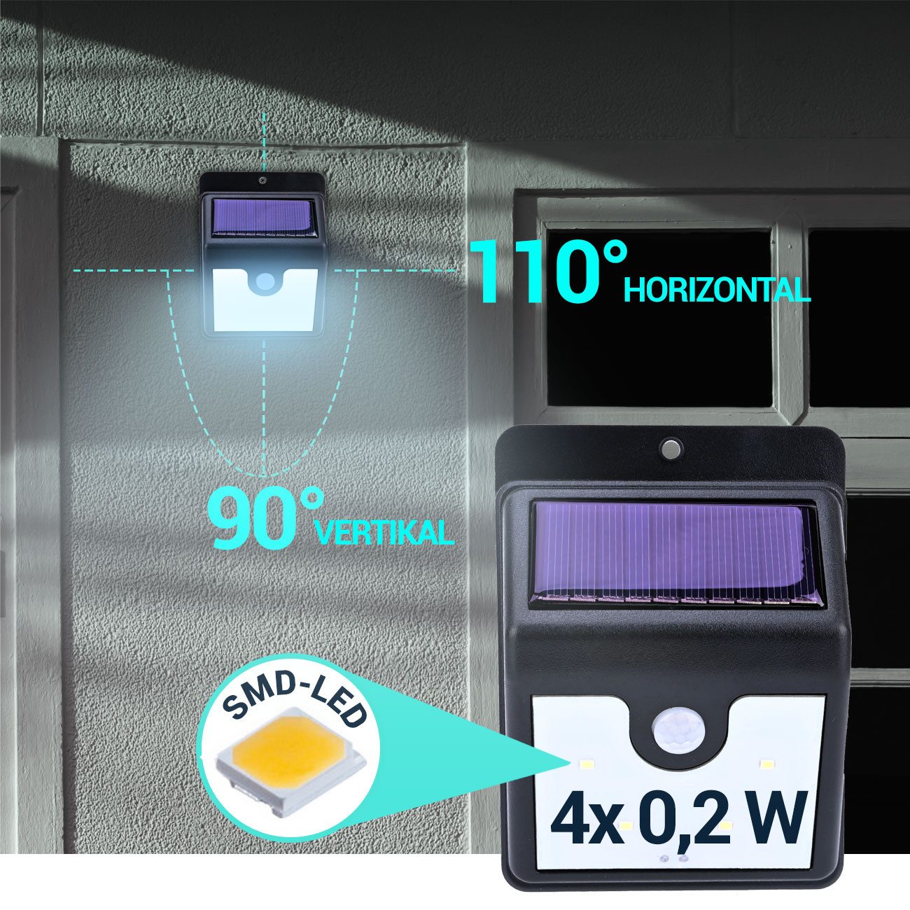 Casativo LED Solarleuchte LED-Solar-Wandstrahler mit Bewegungssensor, IP44 Aussenleuchte, 4 SMD-LEDs mit jeweils 0,2 W, insgesamt 50 Lumen