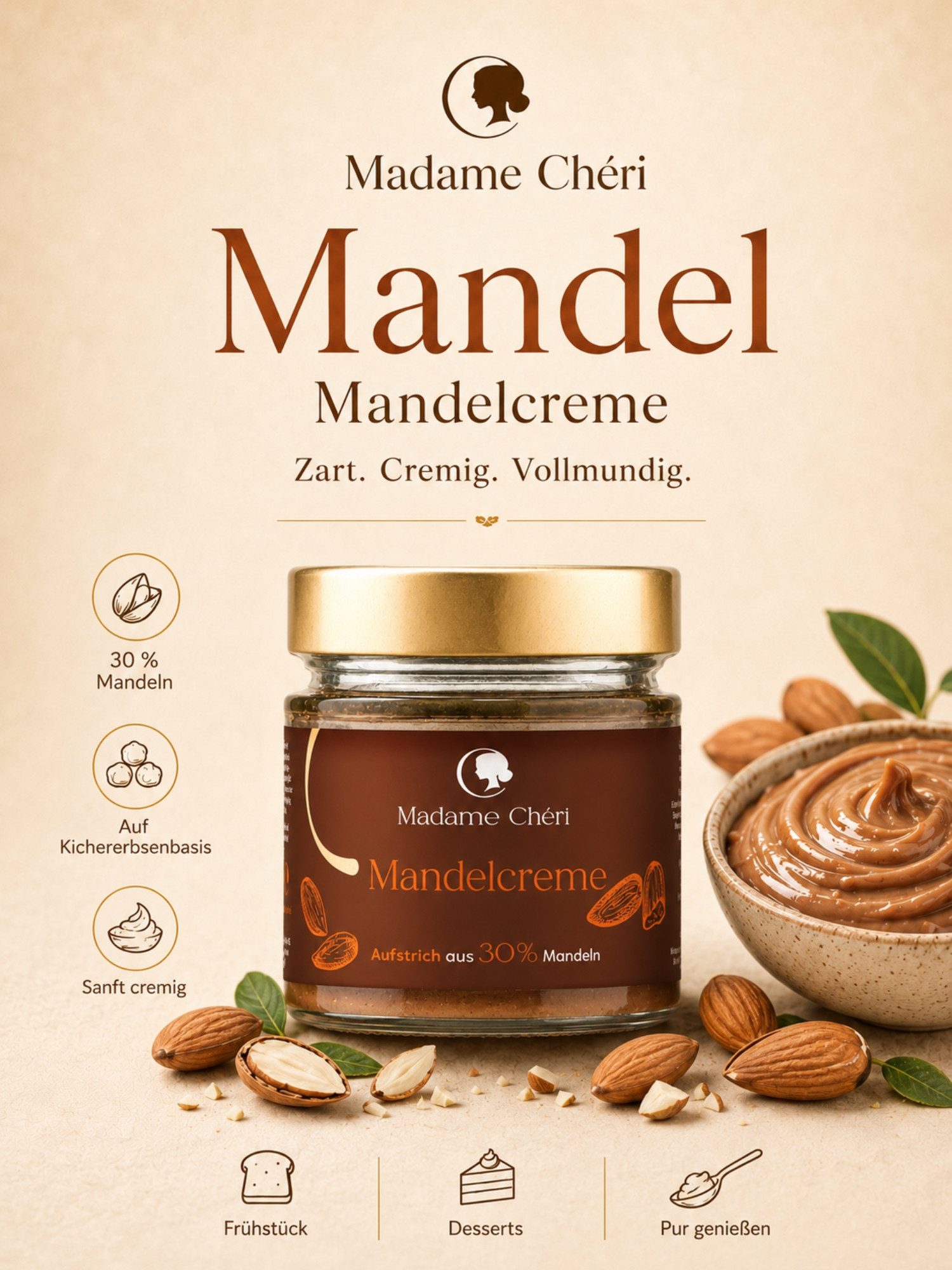 Madame Chéri Nussaufstrich Nusscreme Aufstrich Pistazie Mandel Haselnuss cremig vegan, 30 % Mandeln, vegan, glutenfrei, auf Kichererbsenbasis